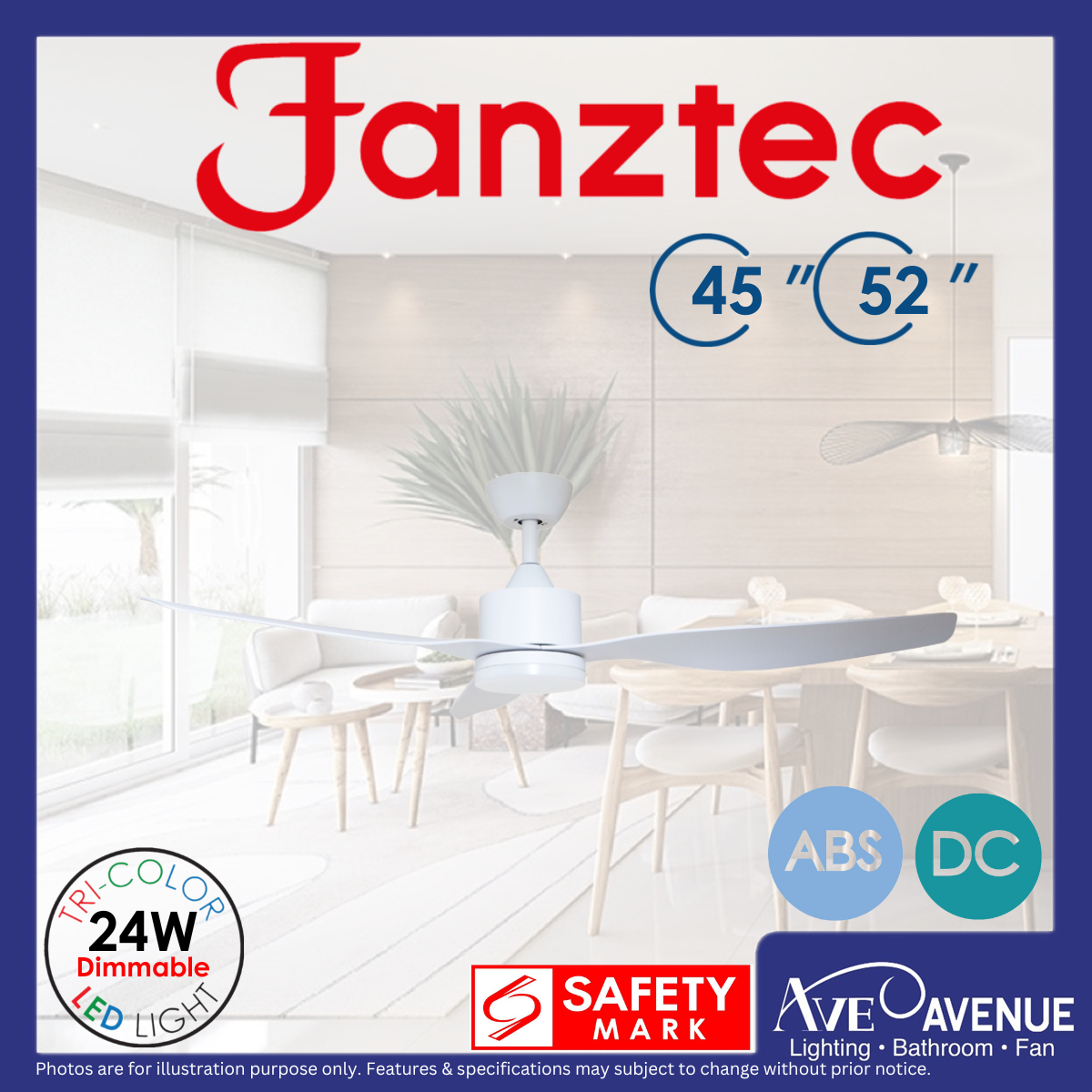 FANZTEC AirMaster DC Motor 45/52 inch 3Blade Ceiling Fan w/ 3Tone LED ...