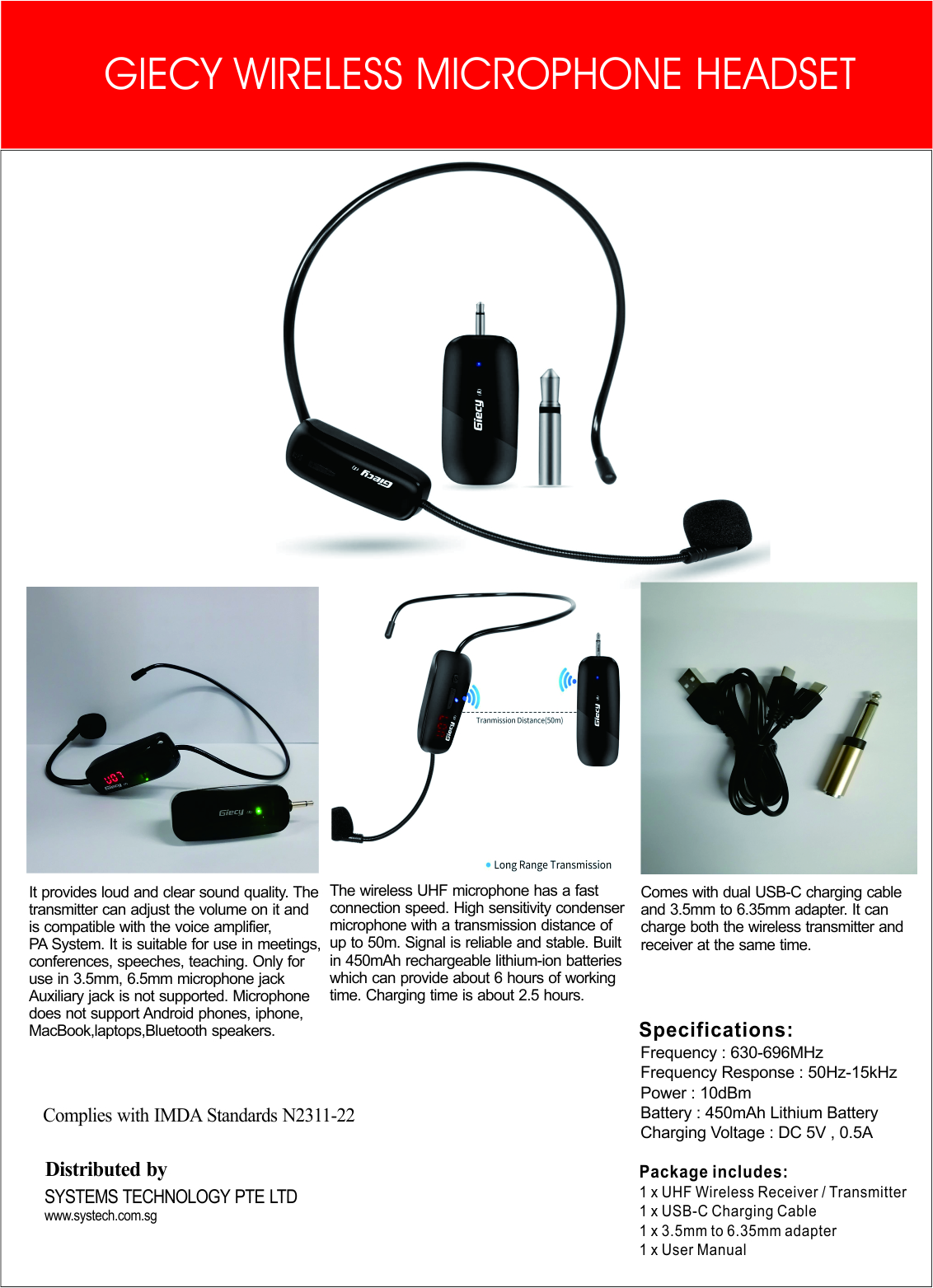 Giecy Wireless Microphone Headset For Voice Amplifier. UHF.For