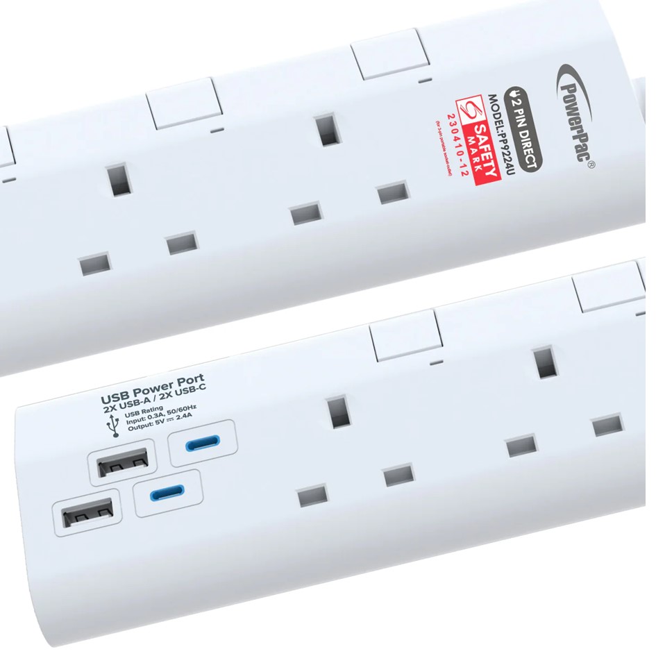 Powerpac 3W / 4W Socket Extension 3Meter Long Cable with 2.4A 2xUSB-A ...