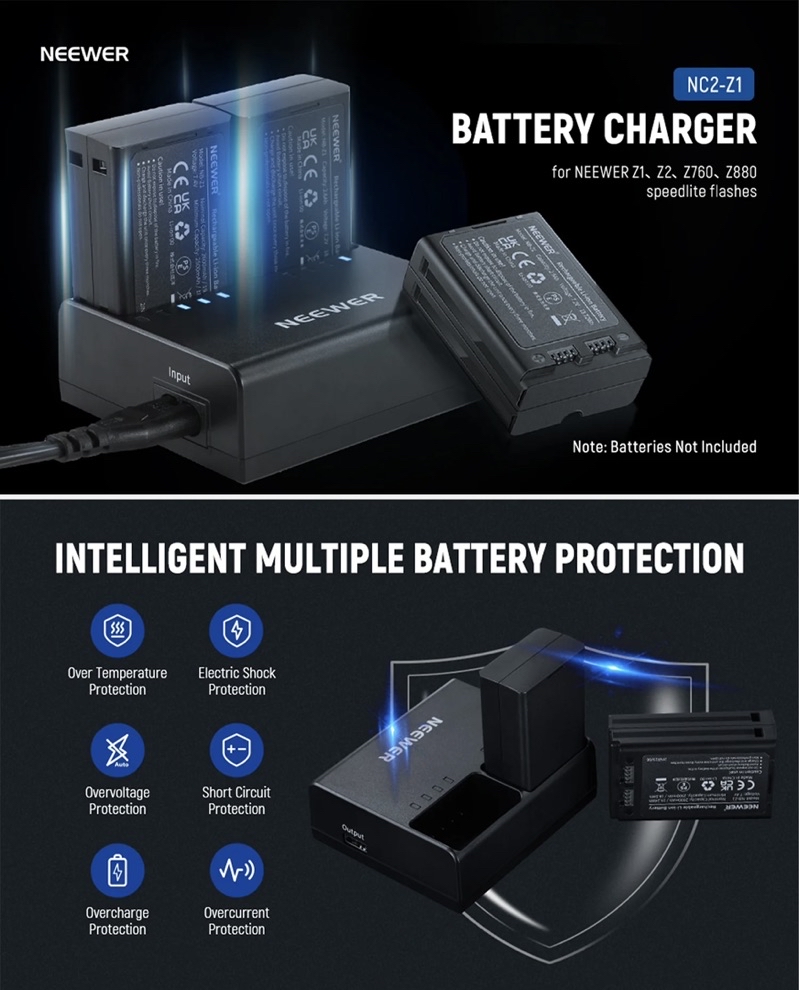 Chargeur Double Batterie NEEWER NC2-Z1 Pour Flash Z1/Z2/Z880 - USB/secteur, Prise EU Incluse