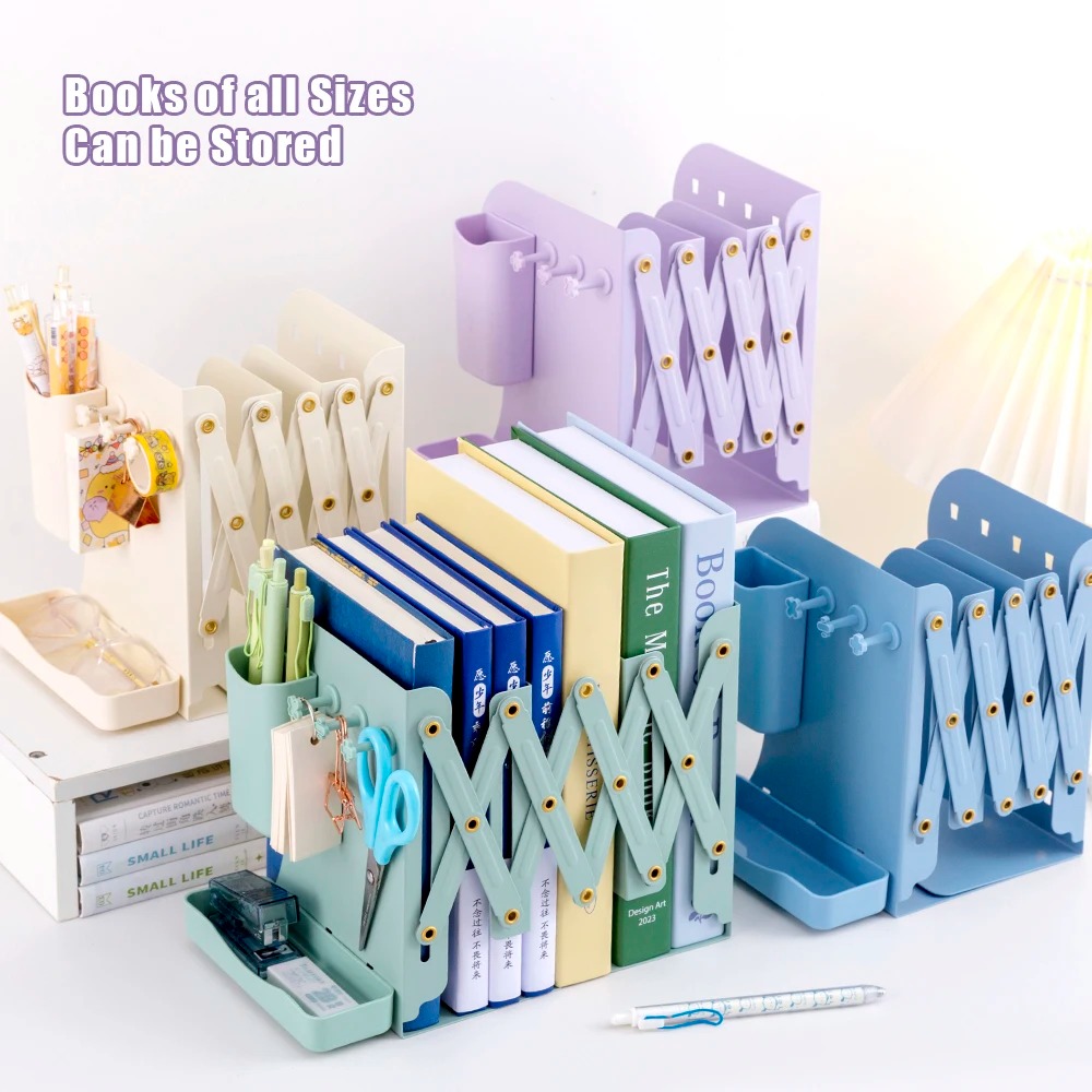 Telescopic Bookend with Magnetic Pen Holder Expandable Bookend Book ...