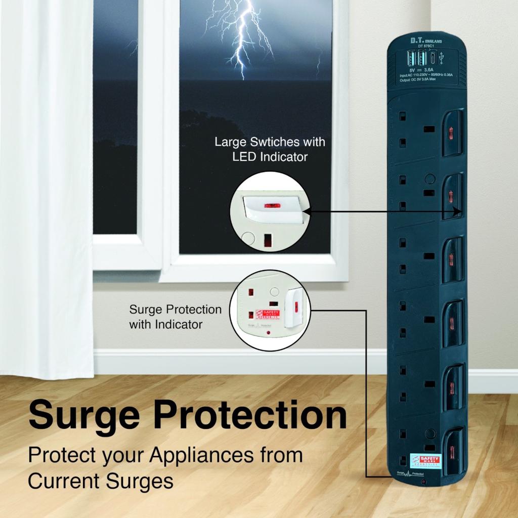 DT England 3 USB Extension Socket W/TYPE-C Charger & LED Surge ...