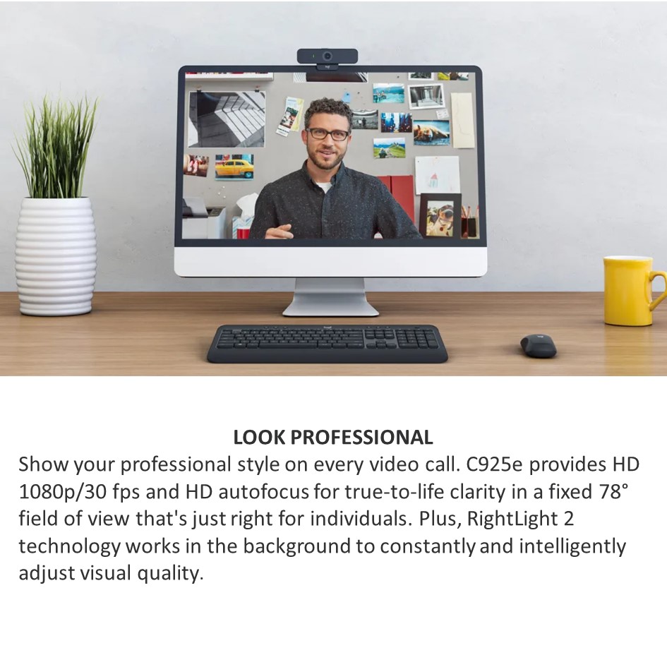 Logitech C925e Business-webcam, HD 1080p, 78° gezichtsveld, autofocus, RightLight 2-technologie, afdekkap, 2 stereomicrofoons, PC/Mac - Zwart (Gereviseerde conditie