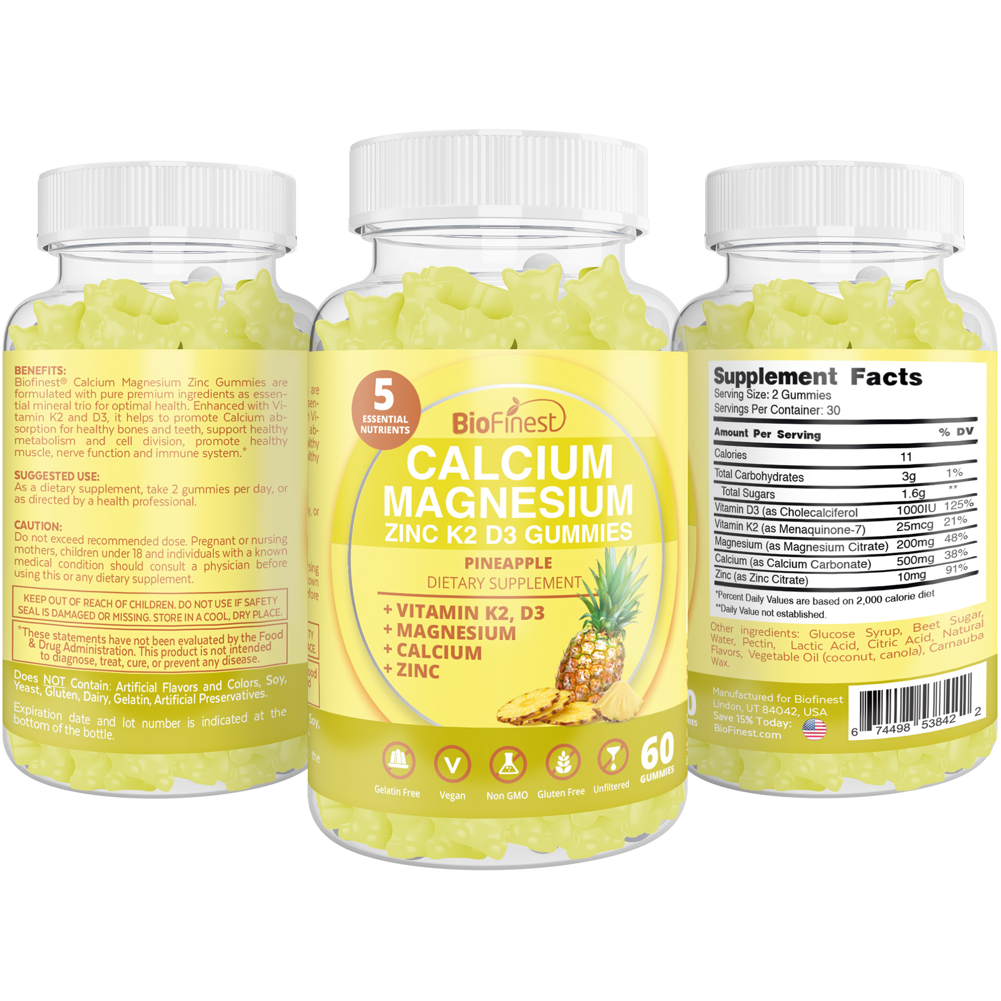 Biofinest Calcium Magnesium Zinc K2 D3 Gummy Supplement - Enhanced ...