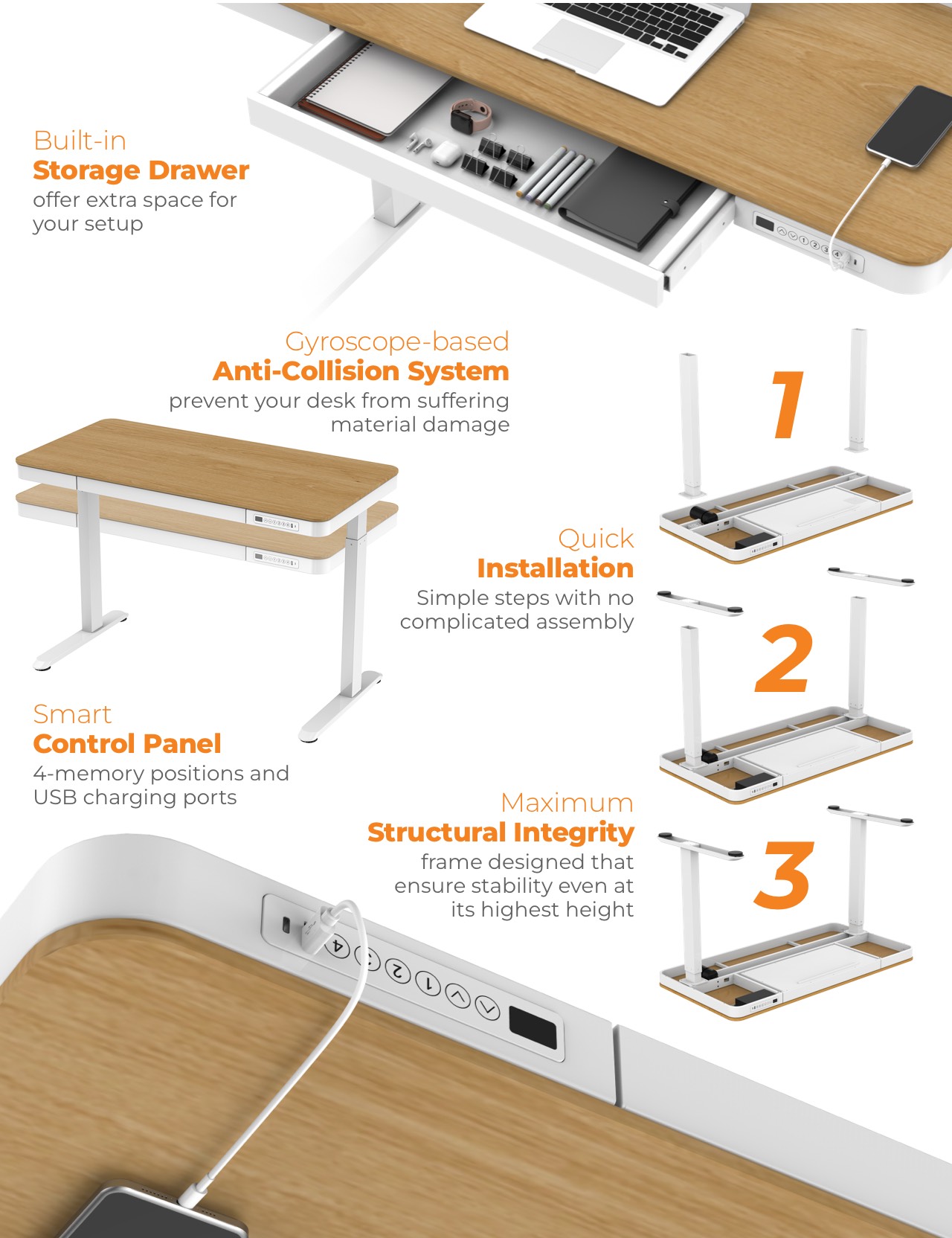 Squirrey Electric Height Adjustable Desk - Premium [ 120x60cm, USB Port ...
