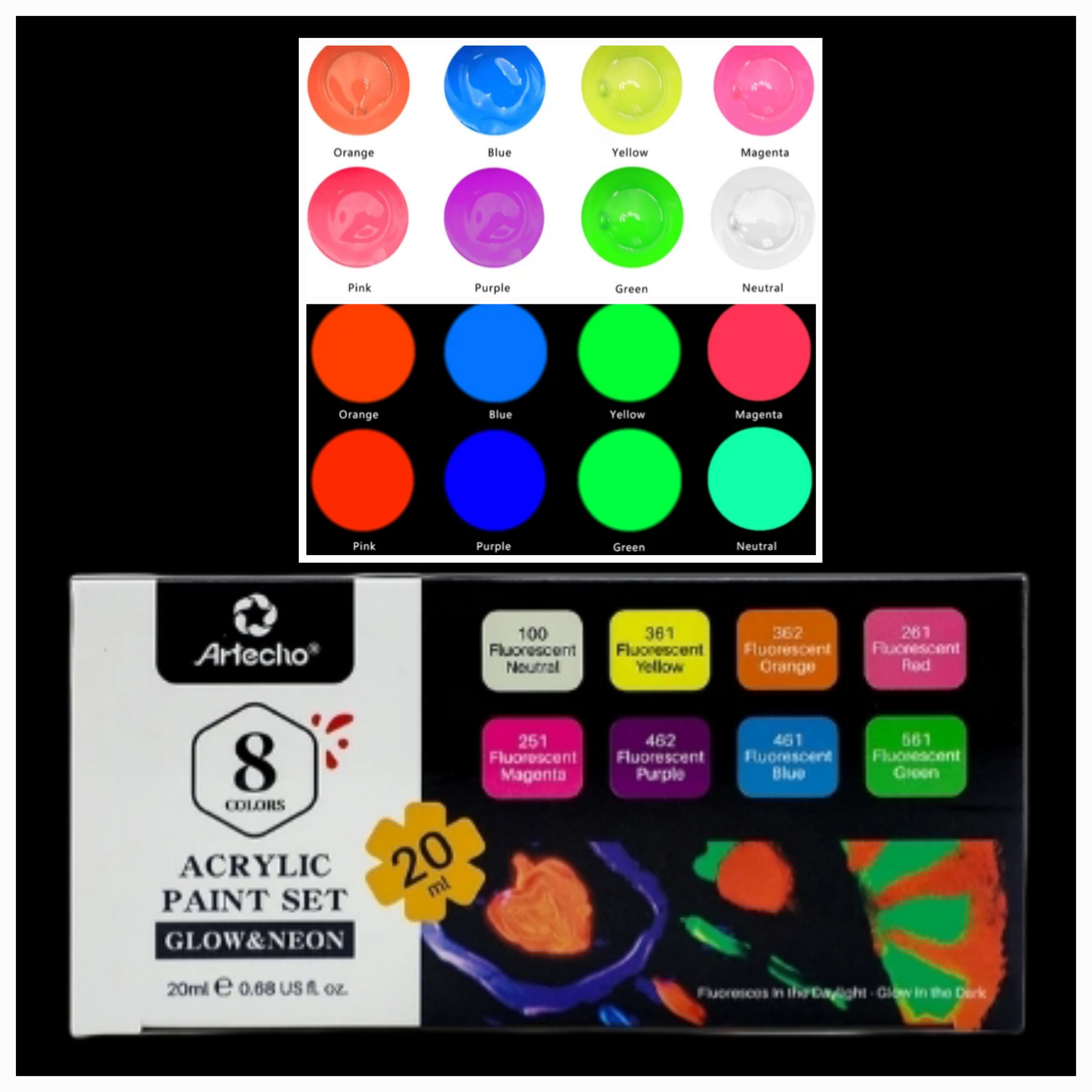 Neon Nights 2-IN-1 Glow In The Dark Acrylic Paint Set Glows