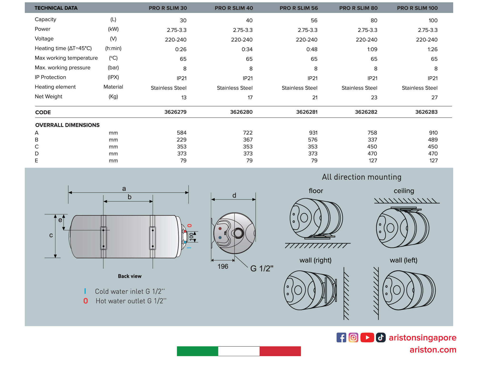 Ariston x sgPlumbMart PRO R SLIM Storage Water Heater 30L/40L/56L/80L ...