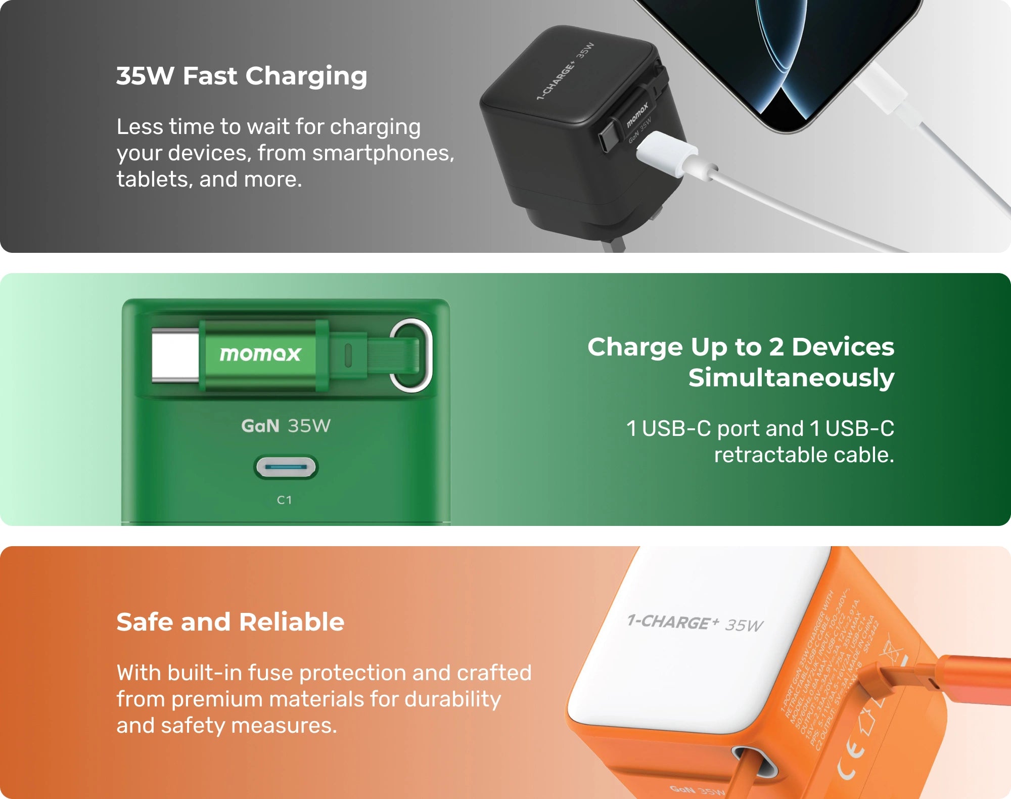 Momax UM72 Compact 35W GaN Charger with Built-in USB-C Cable for ...