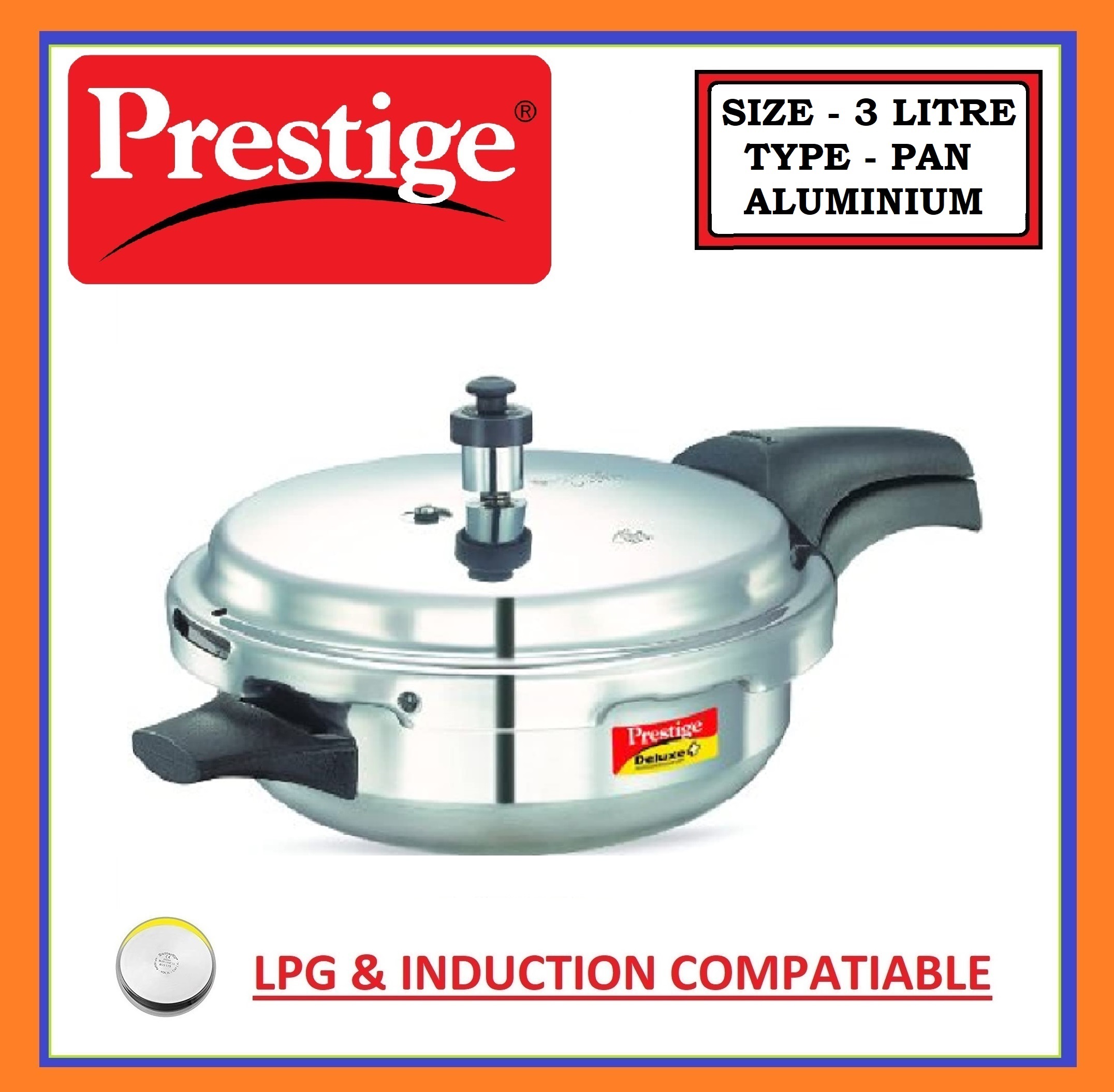 PRESTIGE DELUXE PLUS 3 LITRE PAN TYPE PRESSURE COOKER 3.0 LITRE VIRGIN ALUMINIUM GAS AND INDUCTION COMPATIBLE