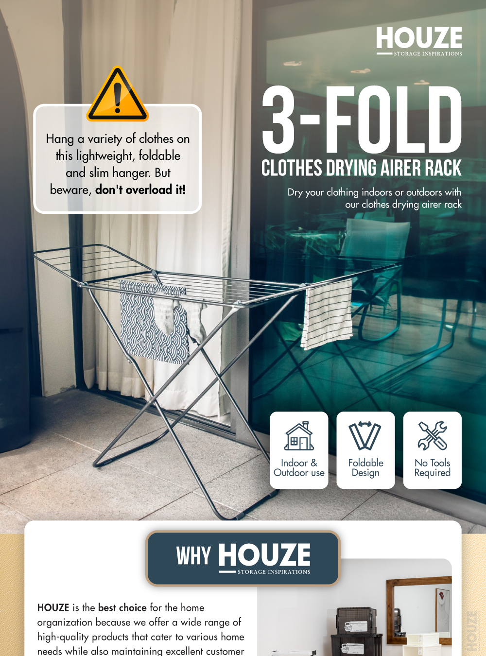 Dry clothes with HOUZE 2-Fold Clothes Drying Airer Rack Grey – HOUZE  Singapore