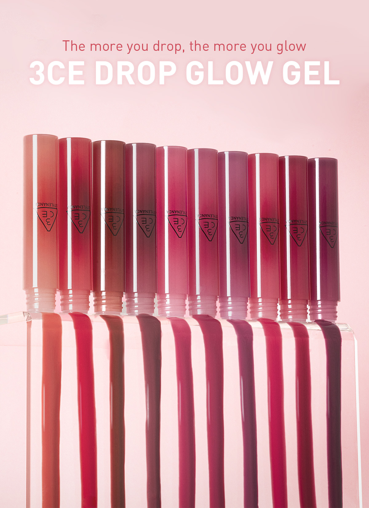 3CE Drop Glow Gel lipstick, non-sticky hydrating formula, bouncy gel ...