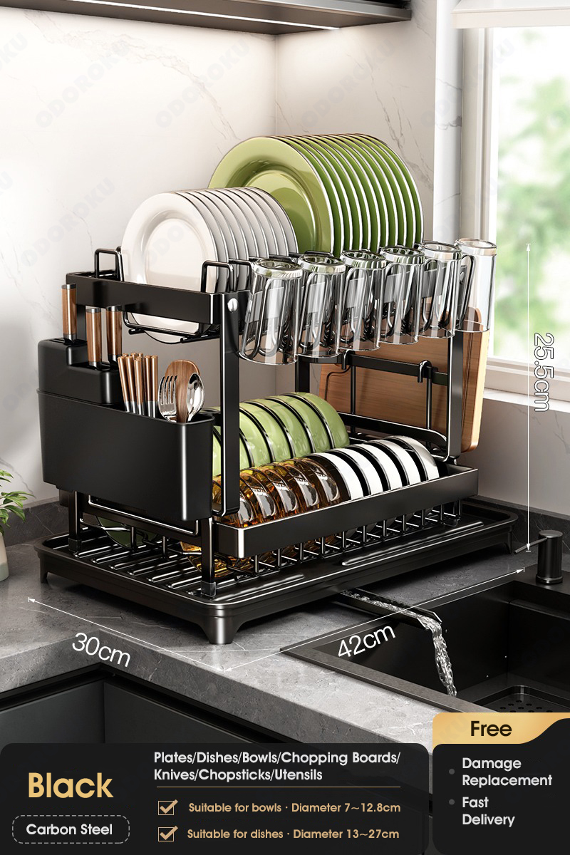 ODOROKU 2 Tier Dish Rack with Drainer Cup Holder Utensils Holder and ...