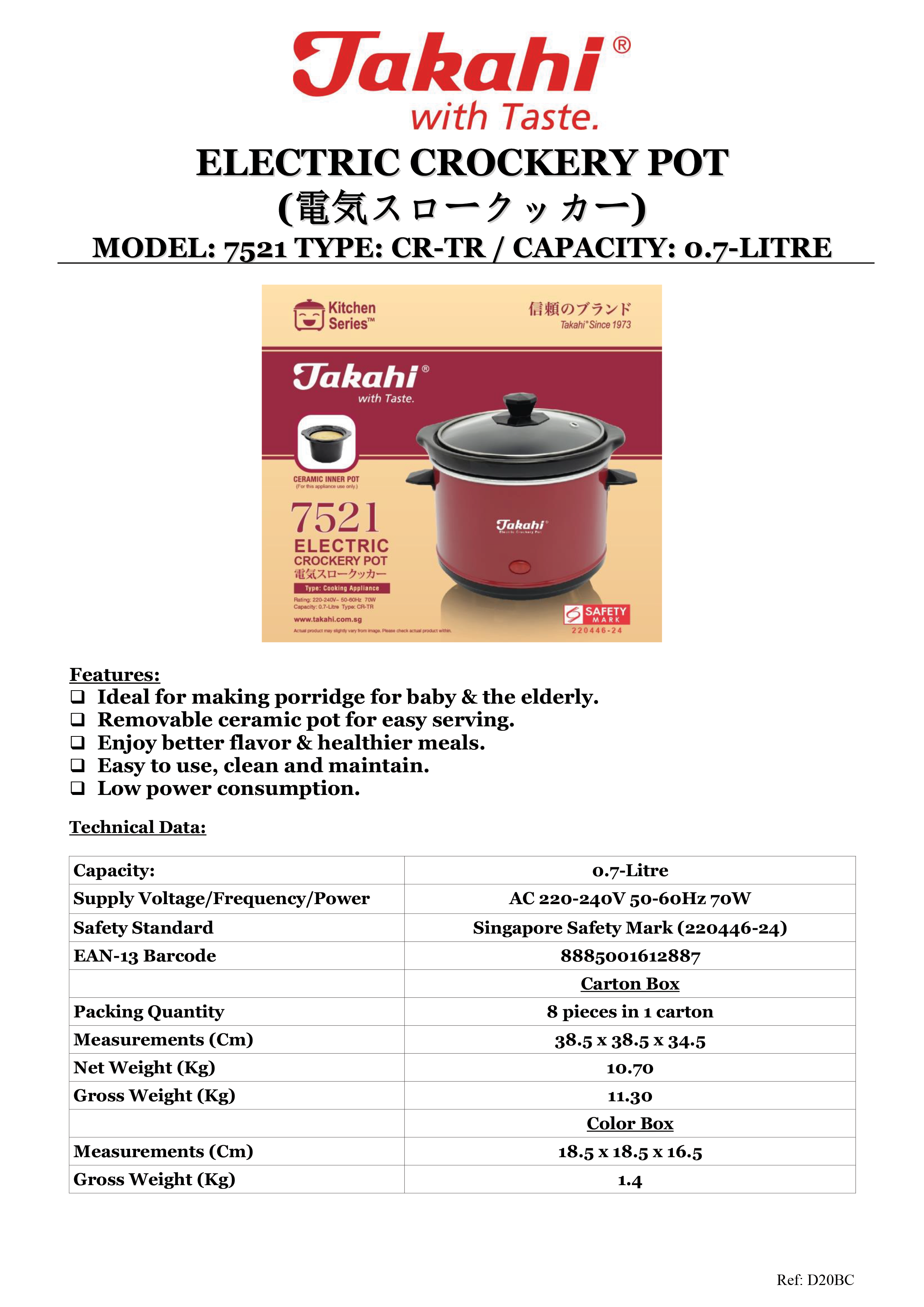 FREE DELIVERY] Takahi 7521 CR-TR Slow Cooker Shopee Singapore