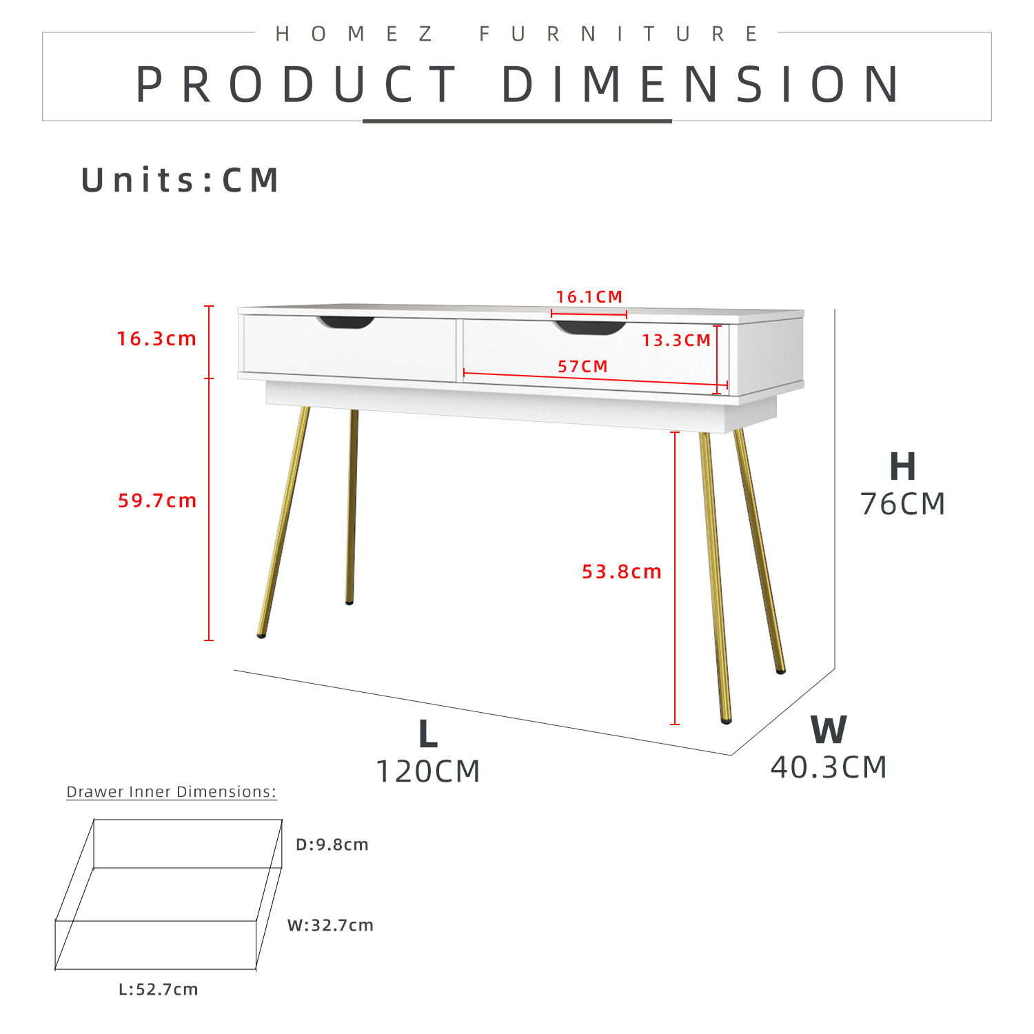 Homez Ivory Series Console Table with 2 Drawer Storage Gold Metal Leg ...