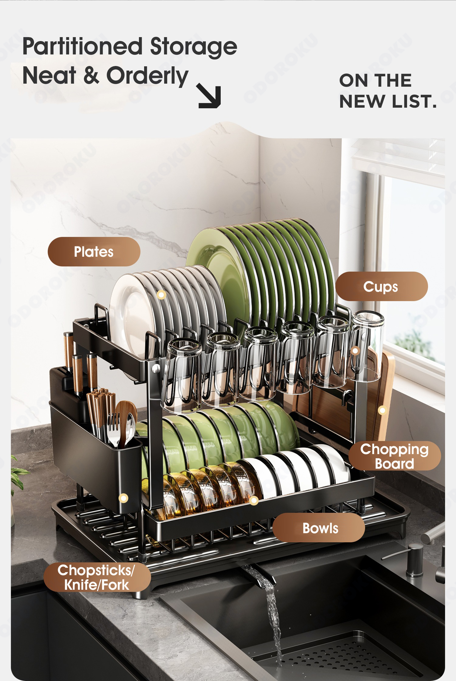 ODOROKU 2 Tier Dish Rack with Drainer Cup Holder Utensils Holder and ...