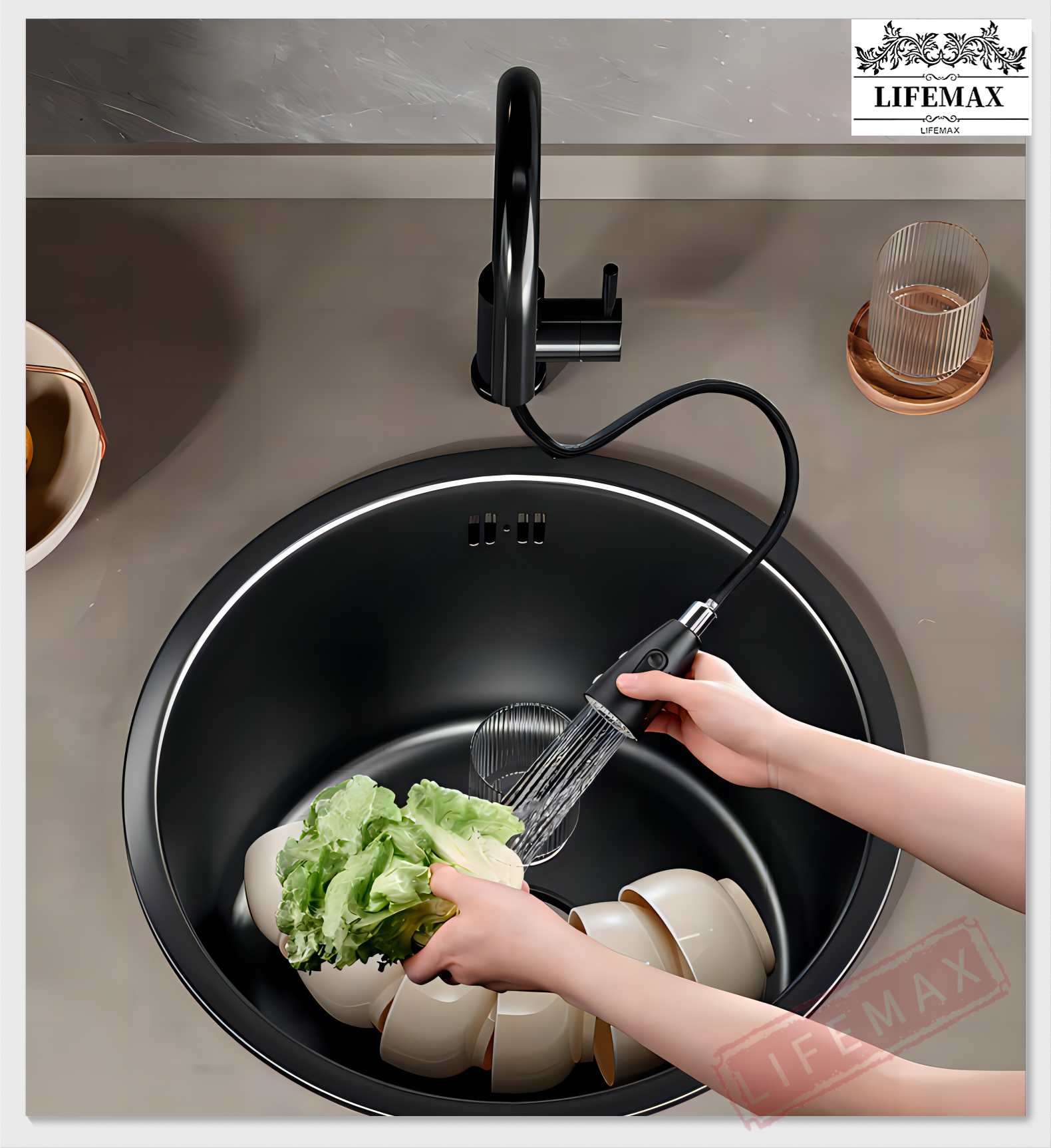 304 stainless steel kitchen basin Round sink Single tank black nano ...