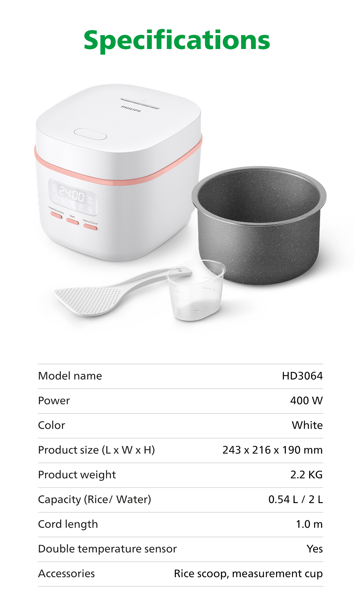 PHILIPS HD3064/62 | Smart Mini Digital Rice Cooker | 0.54L | 8 Cooking ...