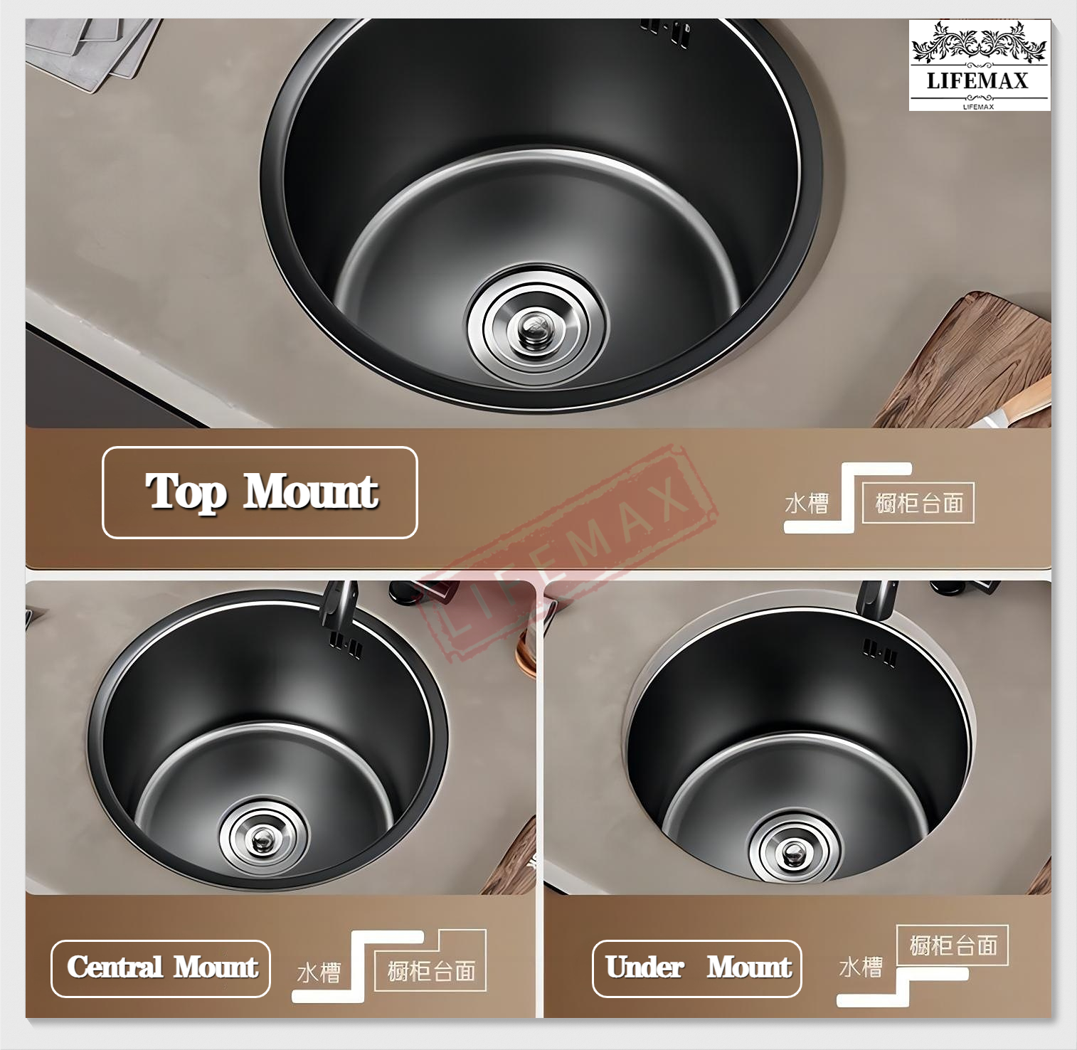 304 stainless steel kitchen basin Round sink Single tank black nano ...