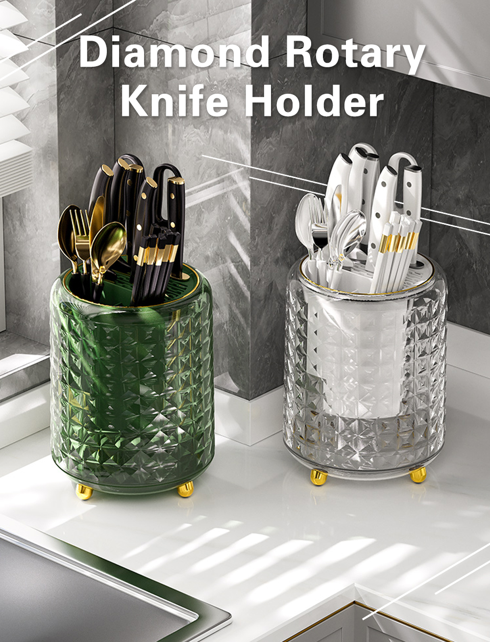 Diamond Rotary Knife Holder 360° Rotating Kitchen Utensils And Cutlery ...