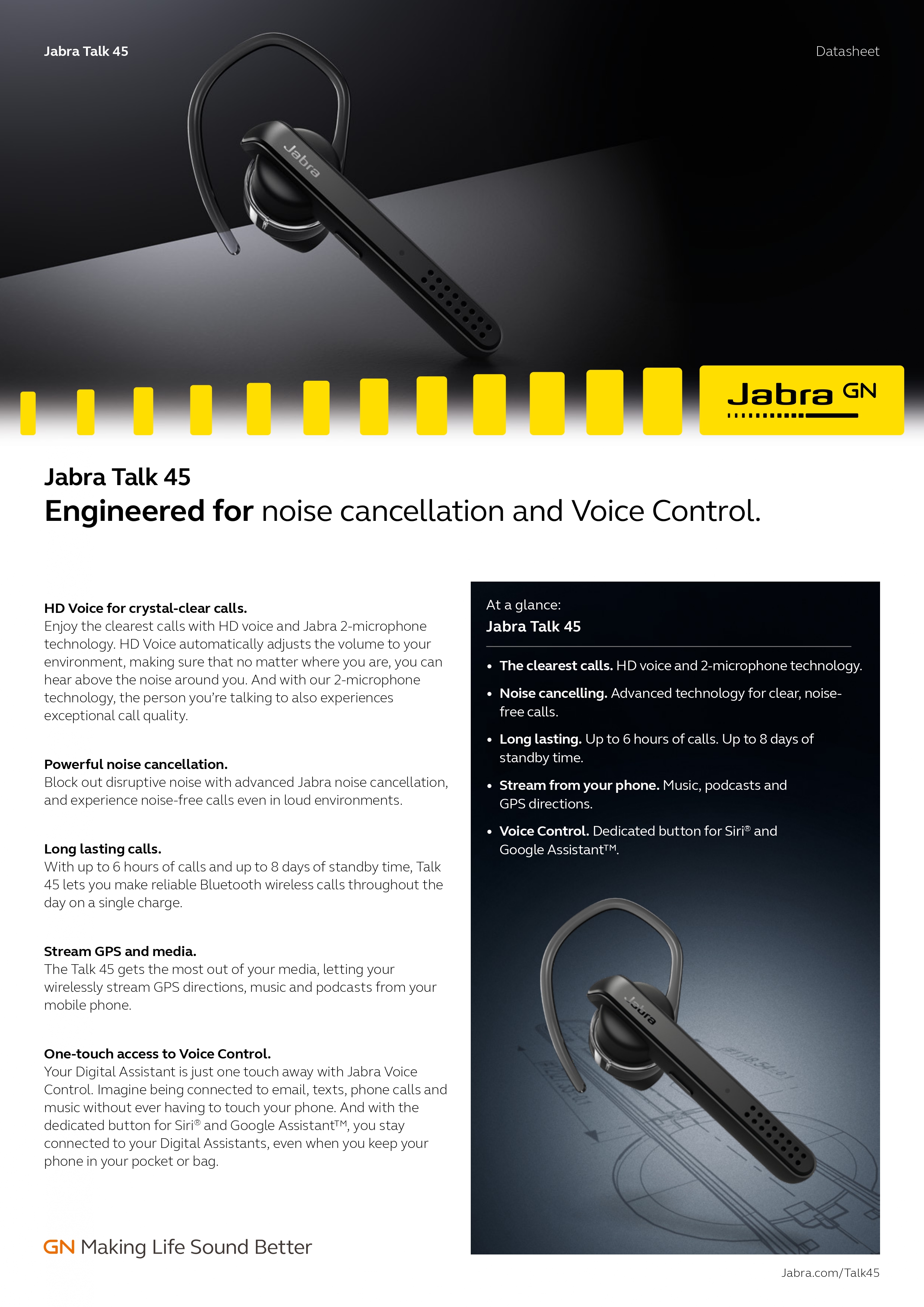 Jabra talk 45 wireless noise cancelling mono Bluetooth headset for