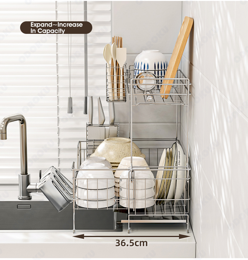 ODOROKU 2 Tier Expandable 304 Stainless Steel Dish Rack with Utensils ...