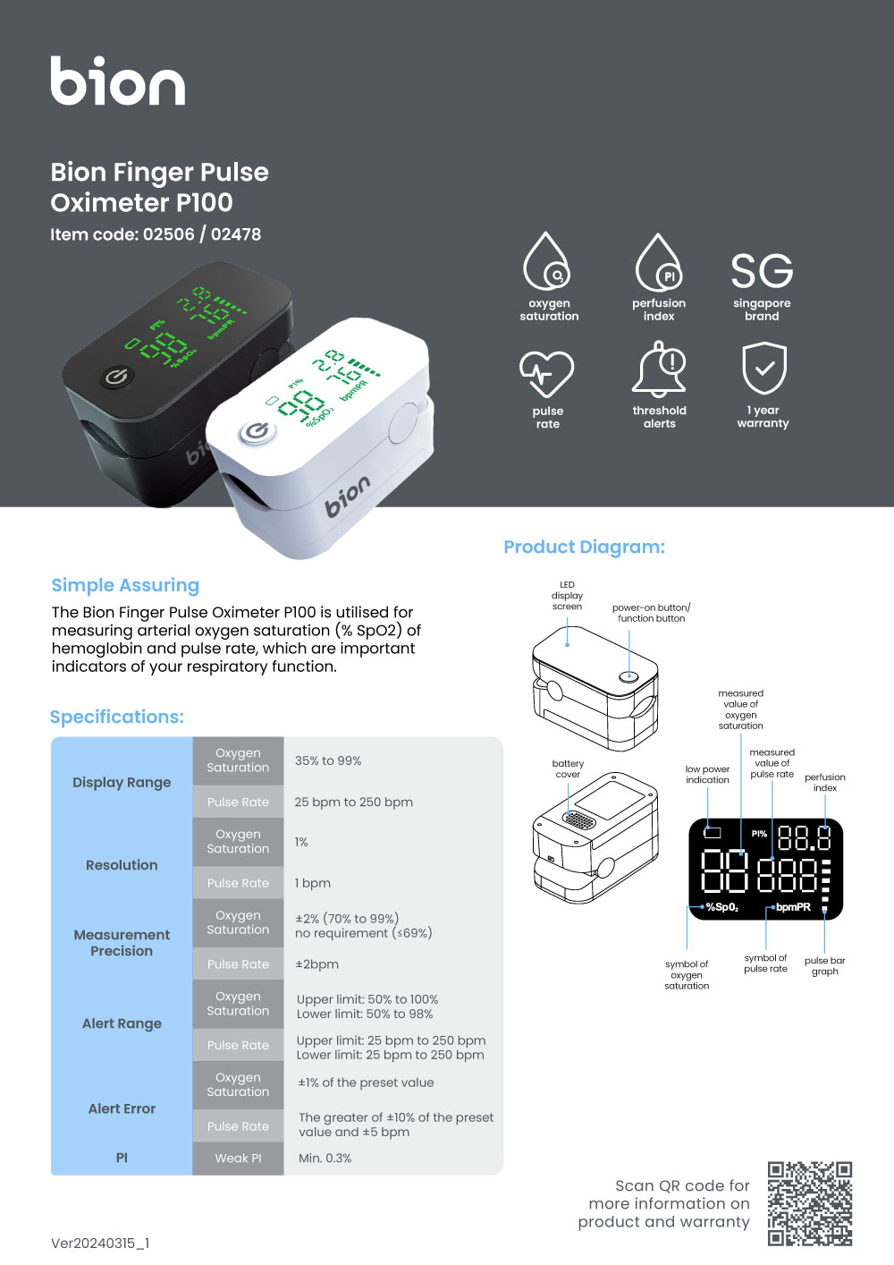 Bion Finger Pulse Oximeter P100 | SpO2 Pulse Rate Clear LED Display 1 ...
