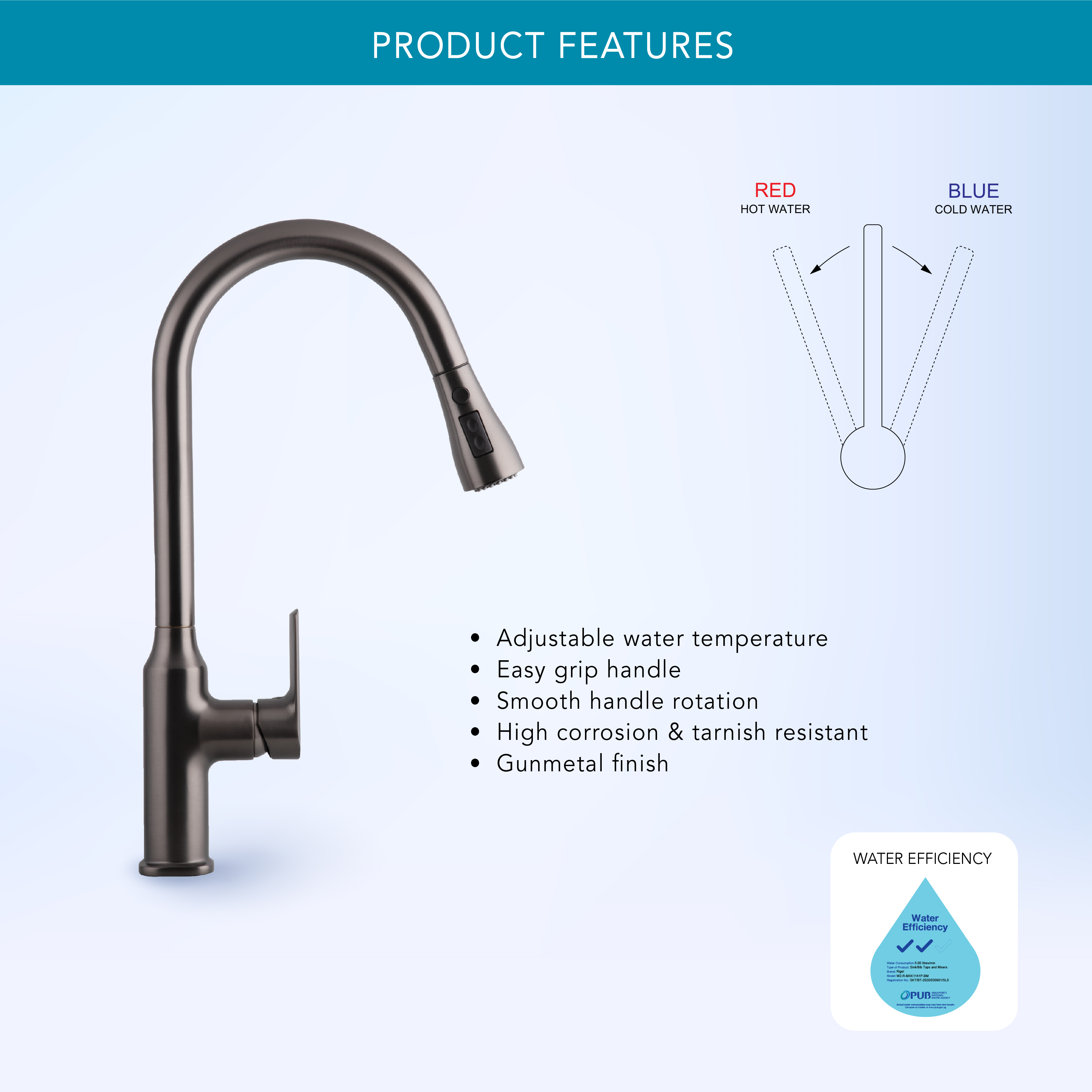 [P.O] RIGEL Gun Metal Kitchen Pull-out Faucet Mixer Tap MXK722101P (GUN ...