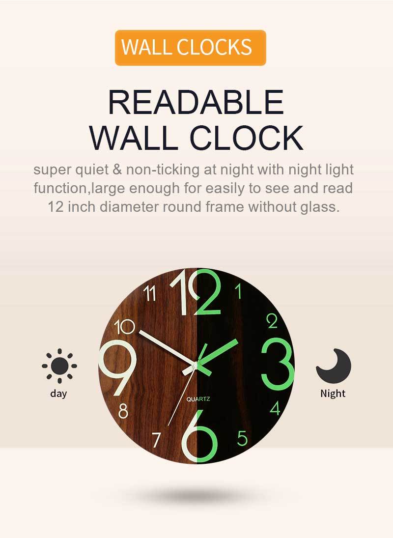 12 Inch Luminous Minimalist Designer Wooden Quartz Wall Clock Dark ...