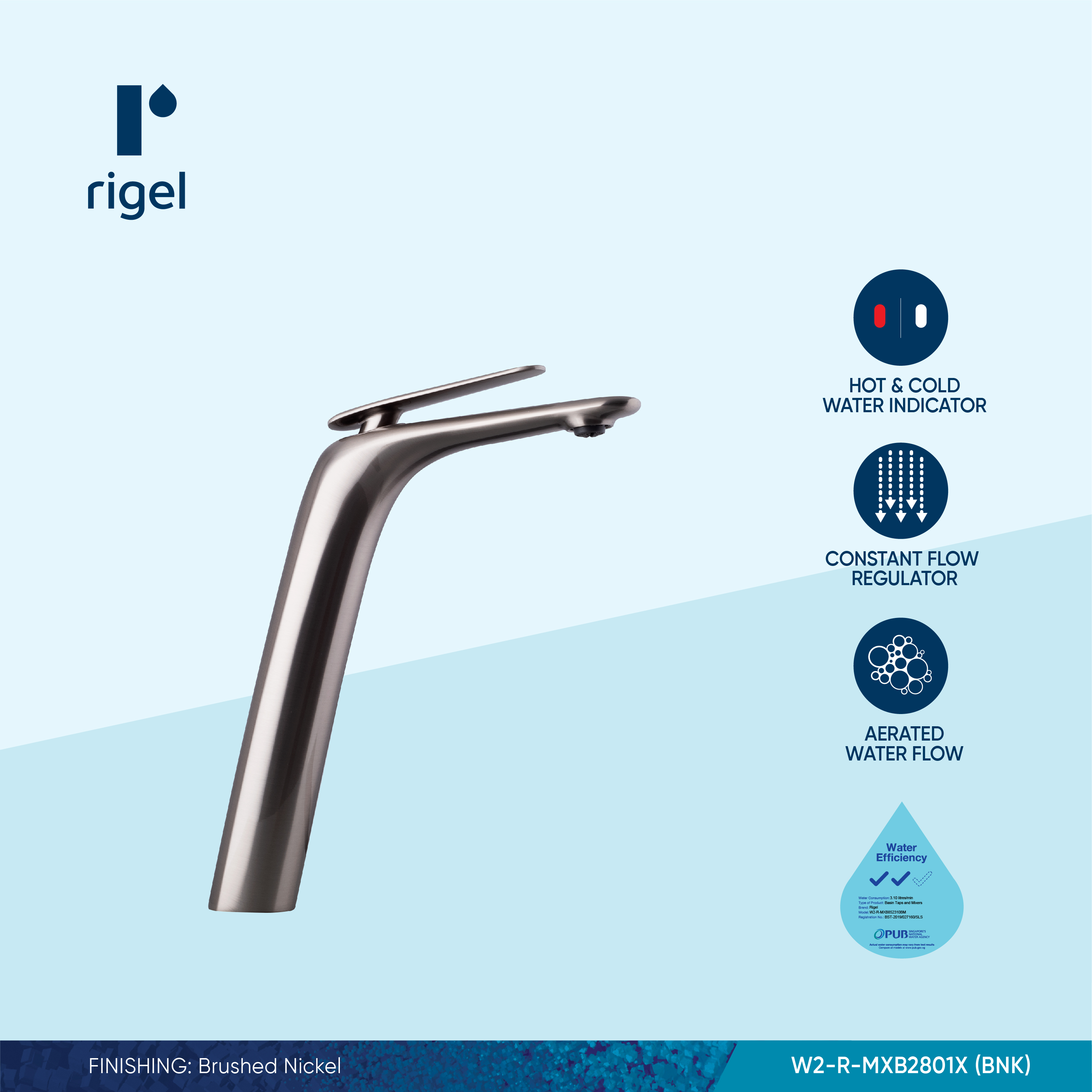 RIGEL Brushed Nickle Basin Mixer Tall Tap MXB2801X(BNK) | Shopee Singapore