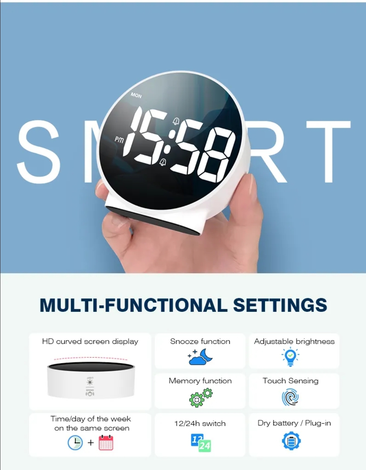 [SG] LED Digital Alarm Clock Round Clock Minimalist Design with 2 ...
