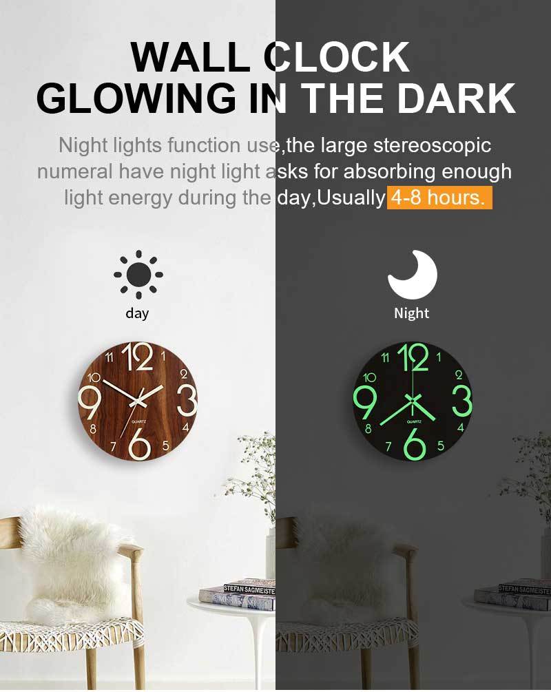12 Inch Luminous Minimalist Designer Wooden Quartz Wall Clock Dark ...