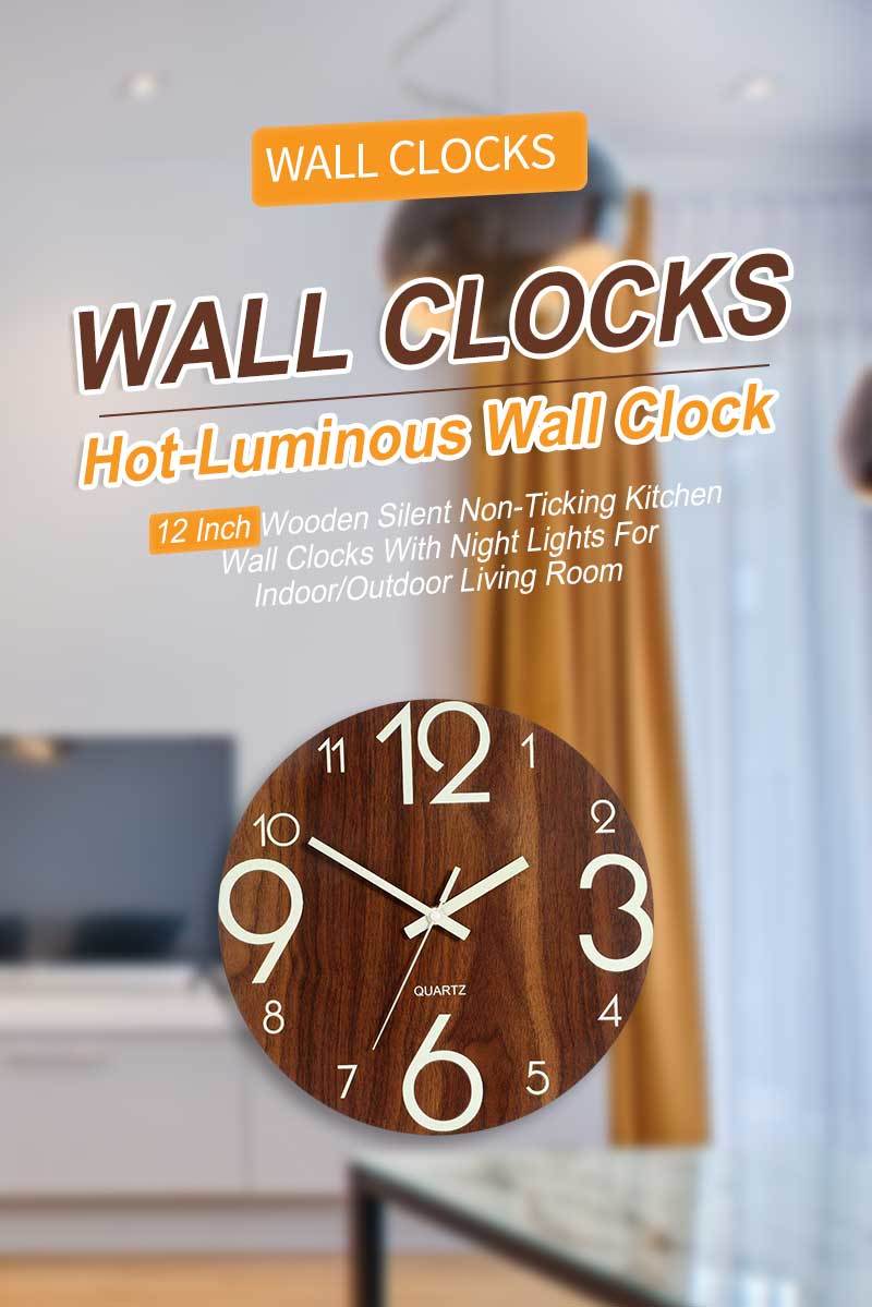 12 Inch Luminous Minimalist Designer Wooden Quartz Wall Clock Dark ...