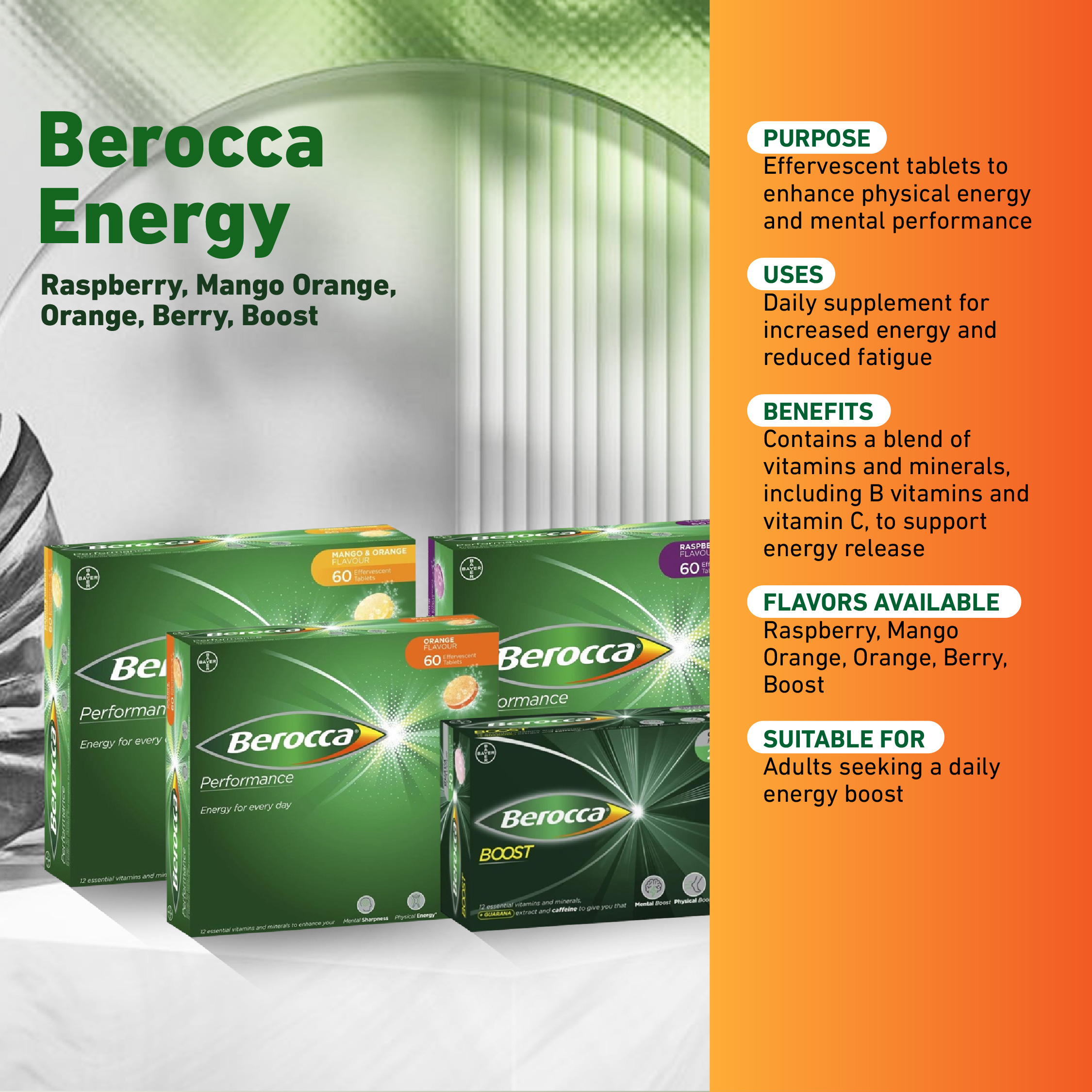 Berocca Performance Effervescent Variety Pack, Mango Orange, Orange ...