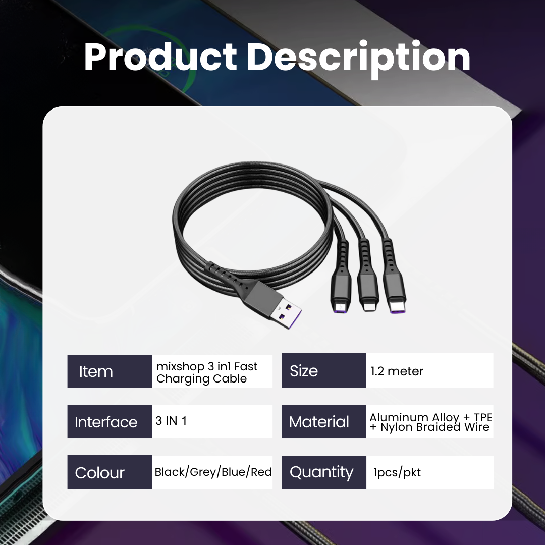 mixshop 3-IN-1 Multi Charging Cable ,5A Super Fast Charging Cable[SG ...