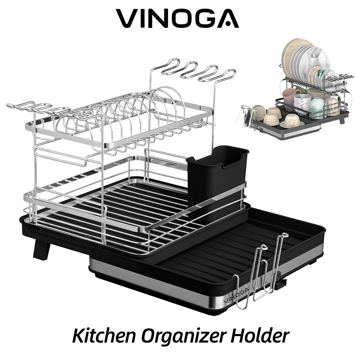 VINOGA Expandable Dish Rack Black Kitchen Dish Drying Rack Tray Dish ...