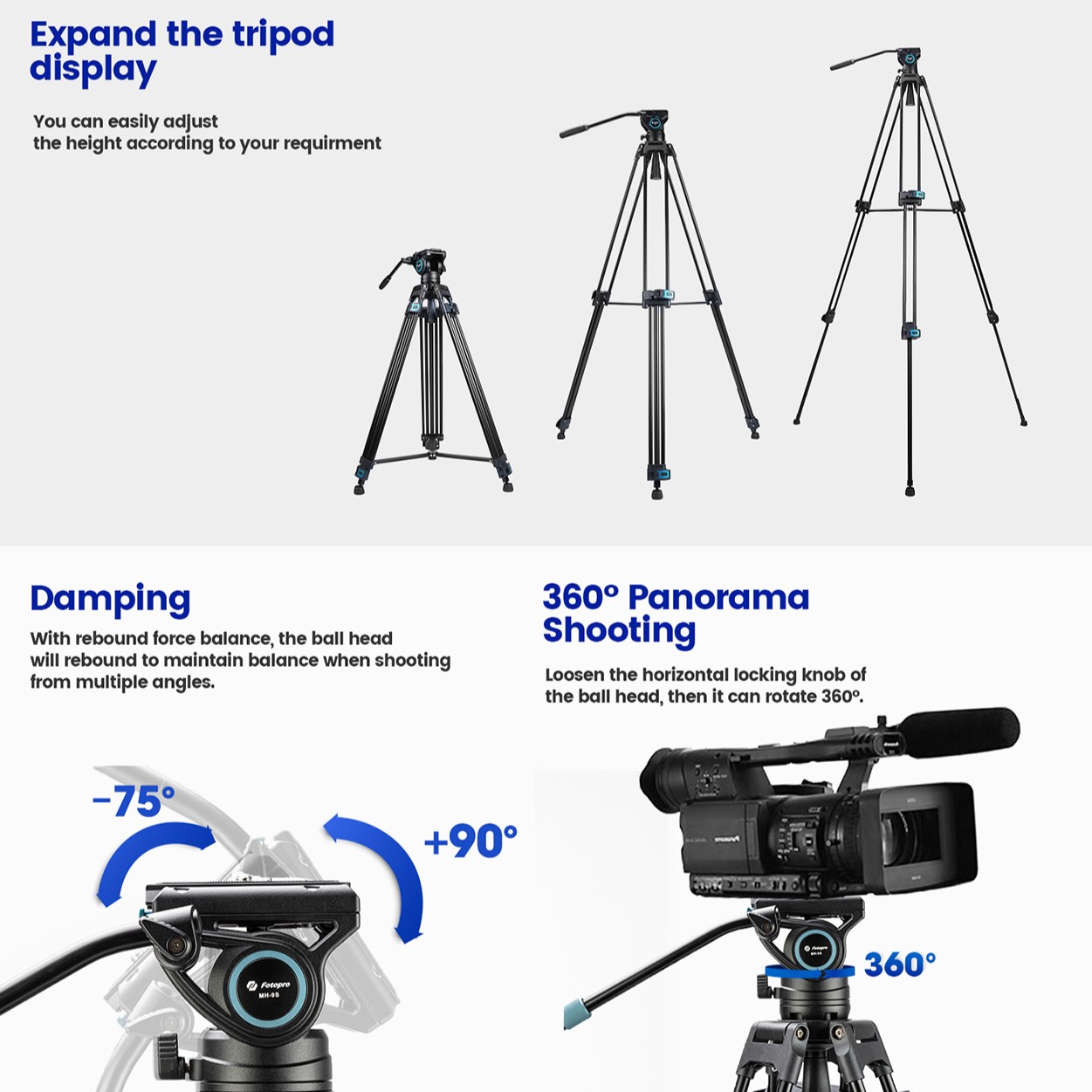 Fotopro DV-3A Heavy-Duty Fluid Head Aluminum Video Tripod Shopee