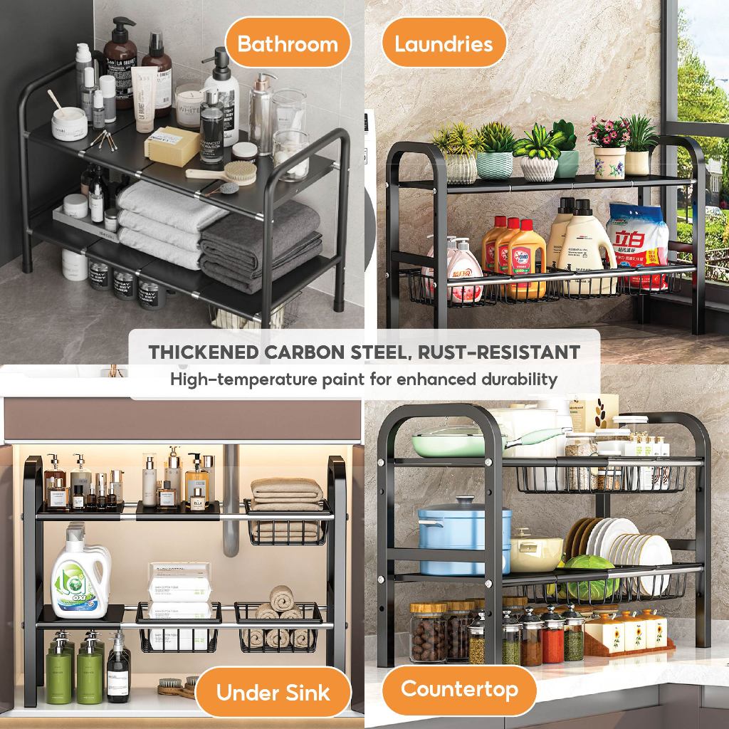 Adjustable Extendable Stainless Steel Under Sink Kitchen Rack Organiser ...