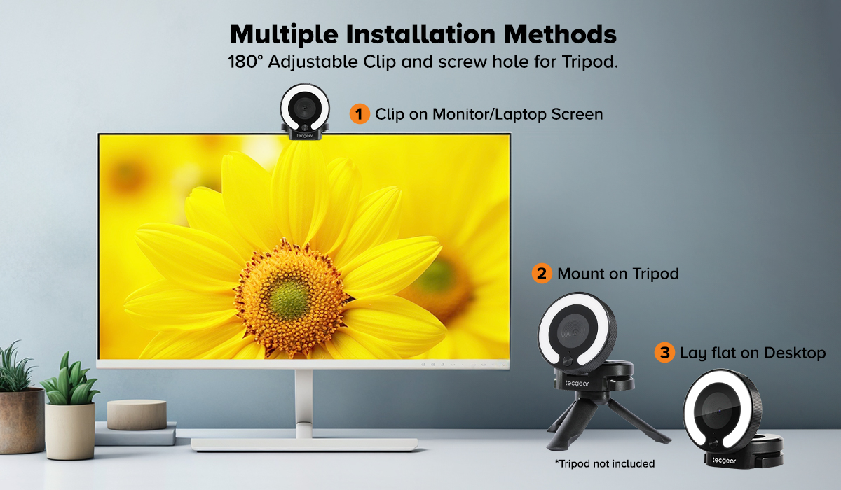 Tecgear Sentinel 2K QHD Auto Focus Webcam with Ring Light, Built-in ...