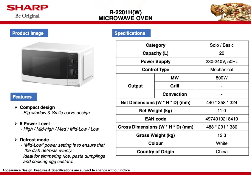 SHARP 20L Microwave Oven R-2201H(W) R-2201H (1 Year Warranty) | Shopee ...