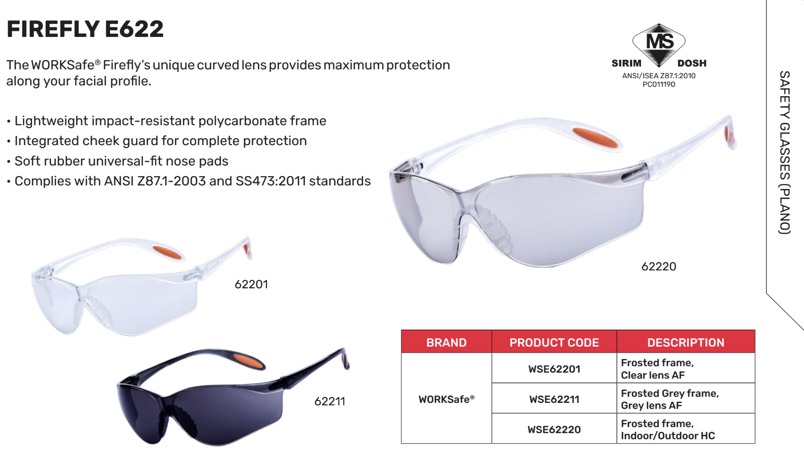WORKSafe Firefly E62201 Safety Eyewear, Clear Lens, Anti-Slip Temples ...