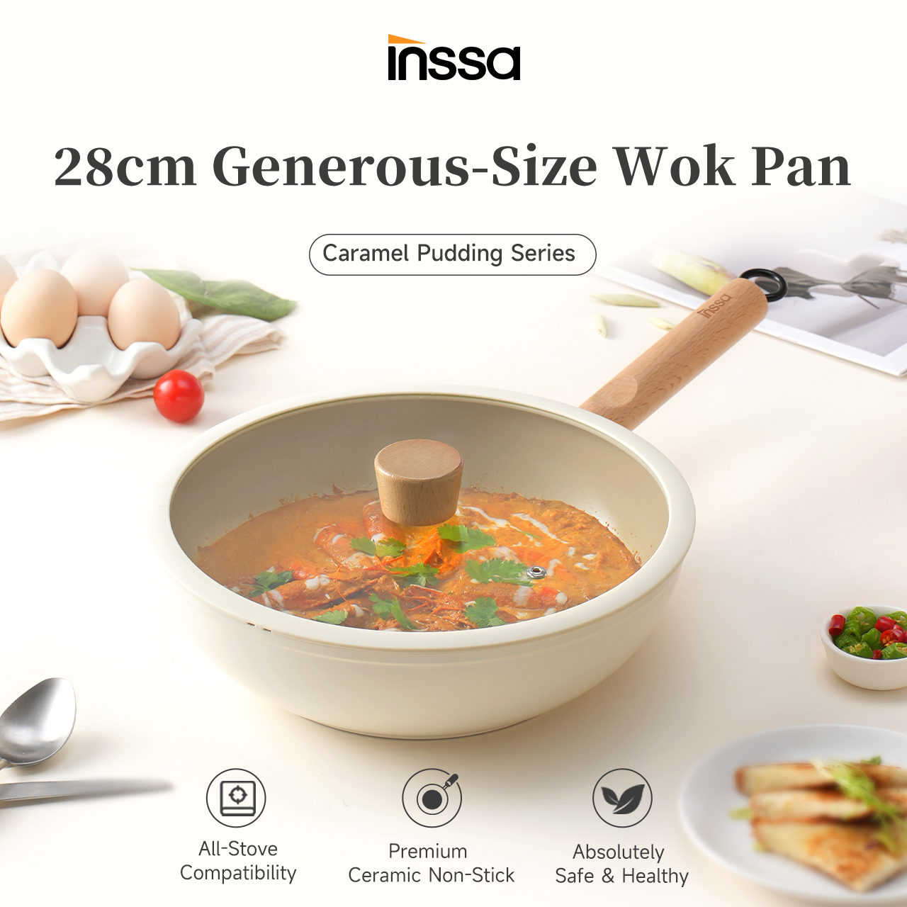 Simplus Kit Wok Pan丨28cm丨Caramel Pudding Series丨Ceramic Coating丨Non ...
