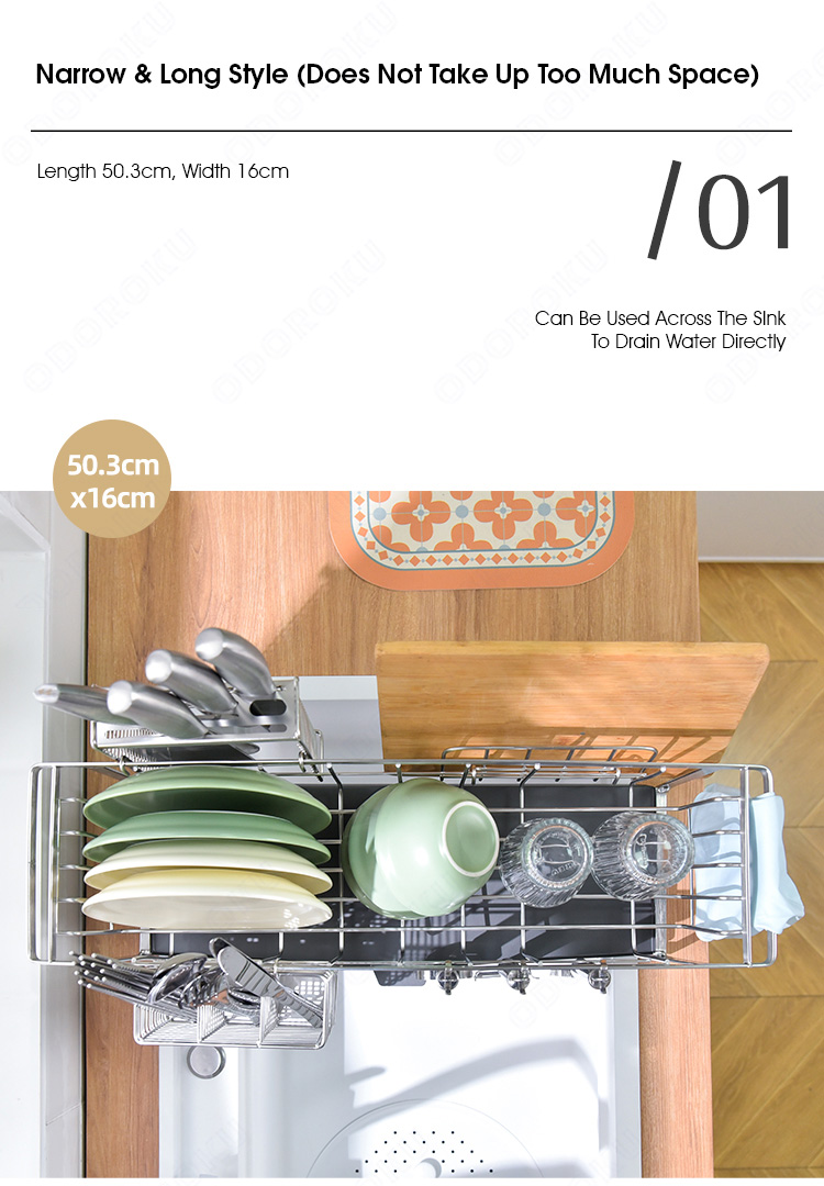 ODOROKU Stainless Steel Narrow & Long Dish Rack with Automatic Drainer ...