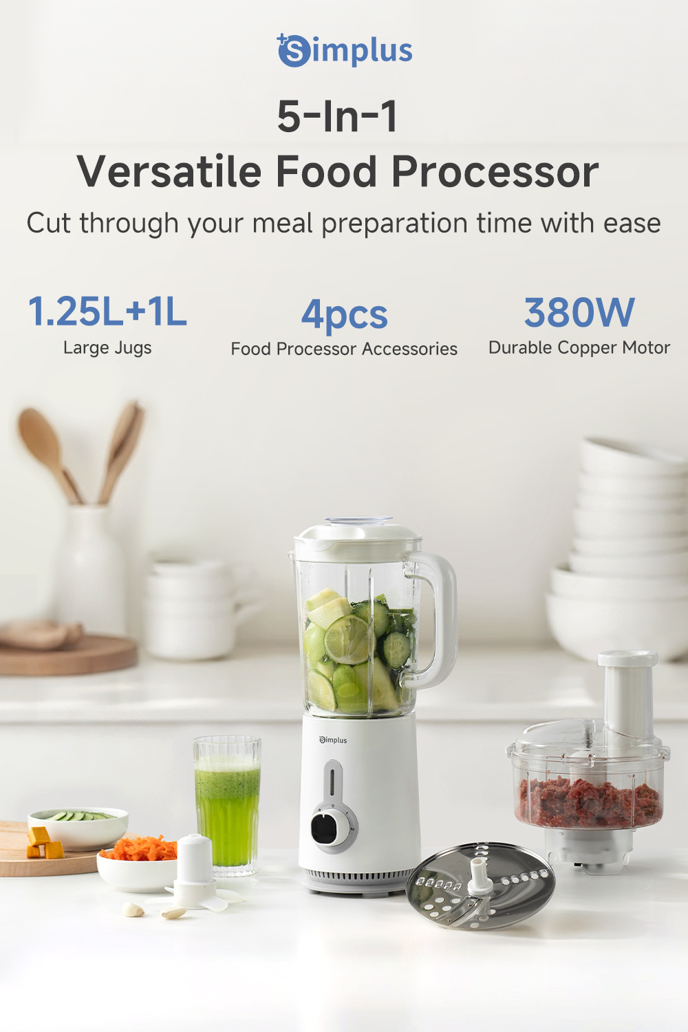 Simplus Multi-functional Blender | 1.25L+1L Large Jugs | 380W Copper ...