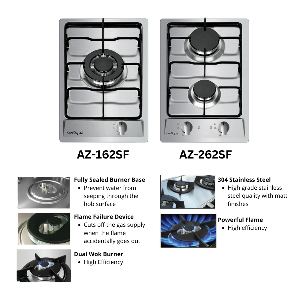 Aerogaz 30cm Tempered Glass Stainless Steel Domino Gas Hob AZ-162F / AZ ...