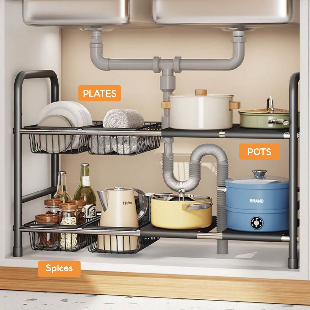 Adjustable Extendable Stainless Steel Under Sink Kitchen Rack Organiser ...