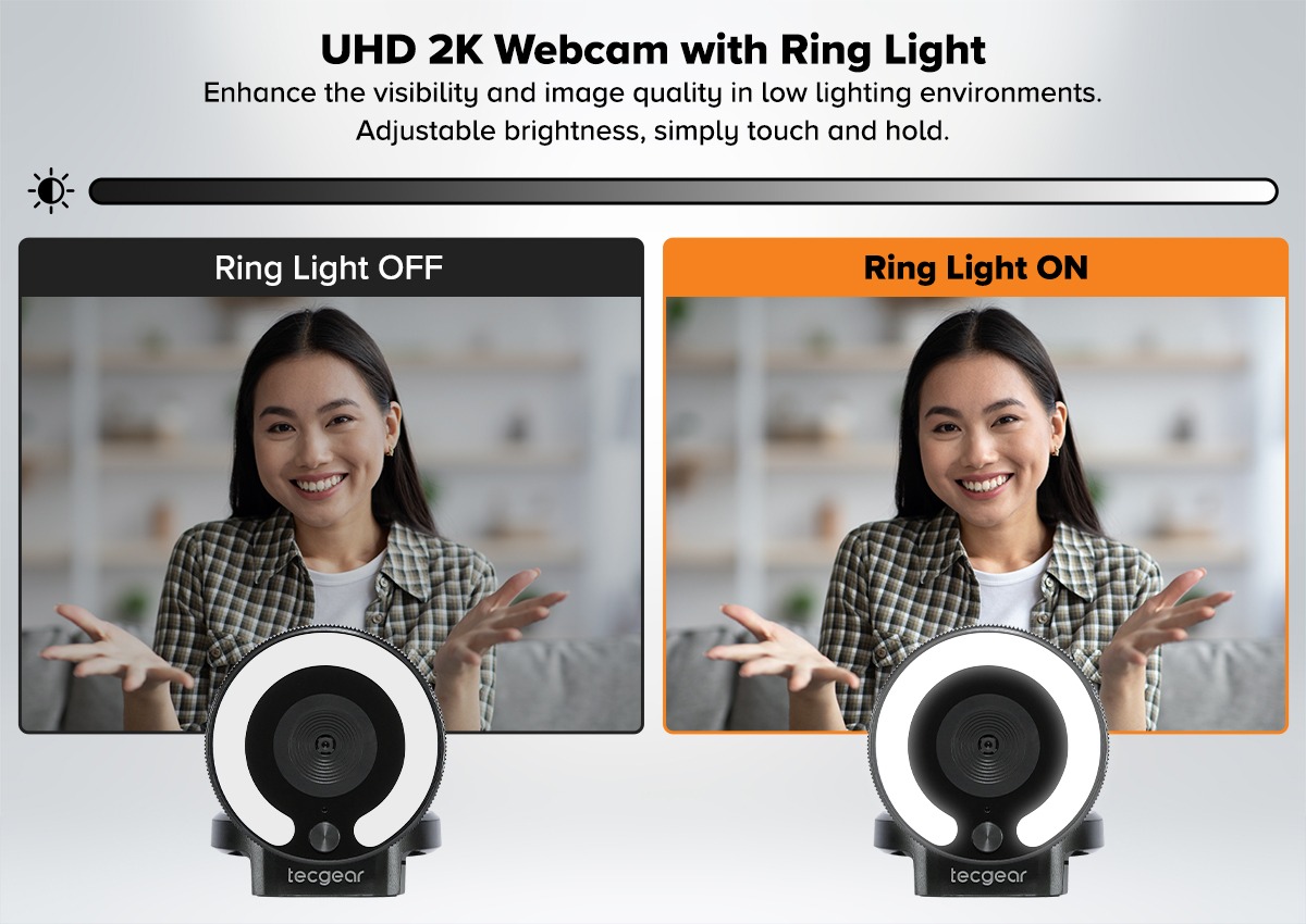 Tecgear Sentinel 2K QHD Auto Focus Webcam with Ring Light, Built-in ...