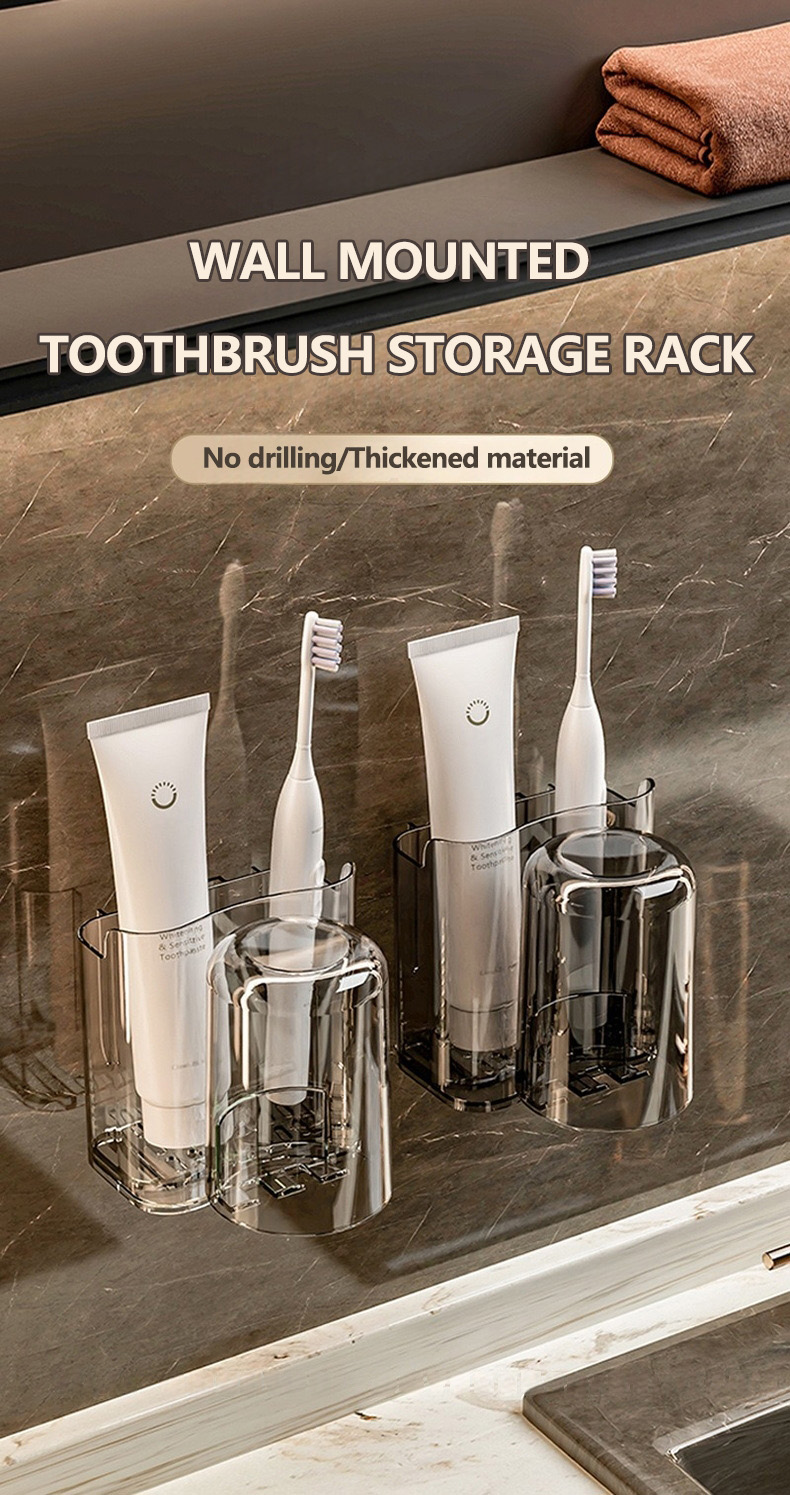 【SG】Wall Mount Toothbrush Holder Teeth Cup Toothpaste Storage Rack No ...