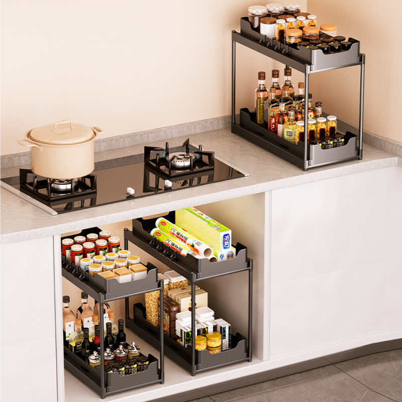 Under Sink Rack PP Plastic 2 Tier with Drawer Bathroom Kitchen Cabinet ...