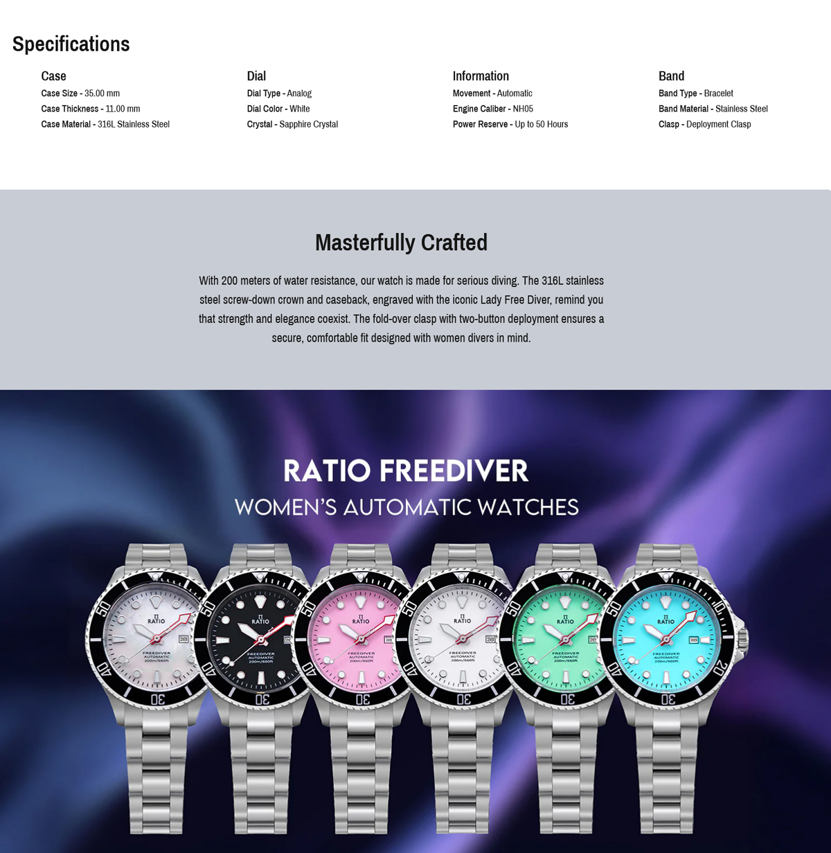 Ratio FreeDiver Sapphire Stainless Steel Automatic RTFL 200M Women's ...