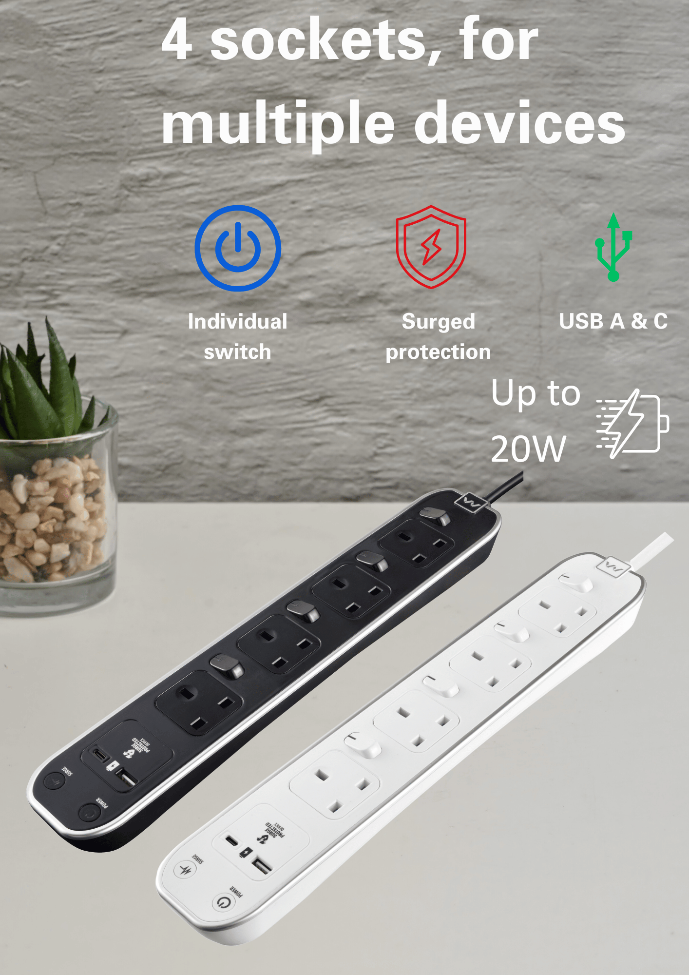 Masterplug Extension Socket with USB A & C Fast Charge Mobile Devices ...